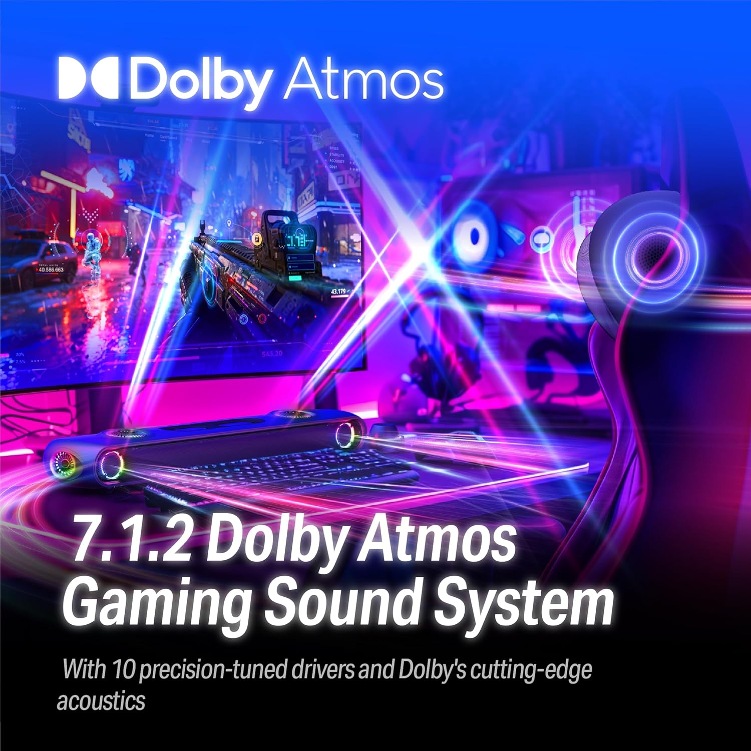 OXS Thunder Pro+ Gaming Soundbar with Wireless Satellite Neck Speaker, 7.1.2 Dolby Atmos Surround Sound System, Built-in Woofer, App Customization, RGB Effects, 3 Pro Gamer Modes, Sleek Toggle Design