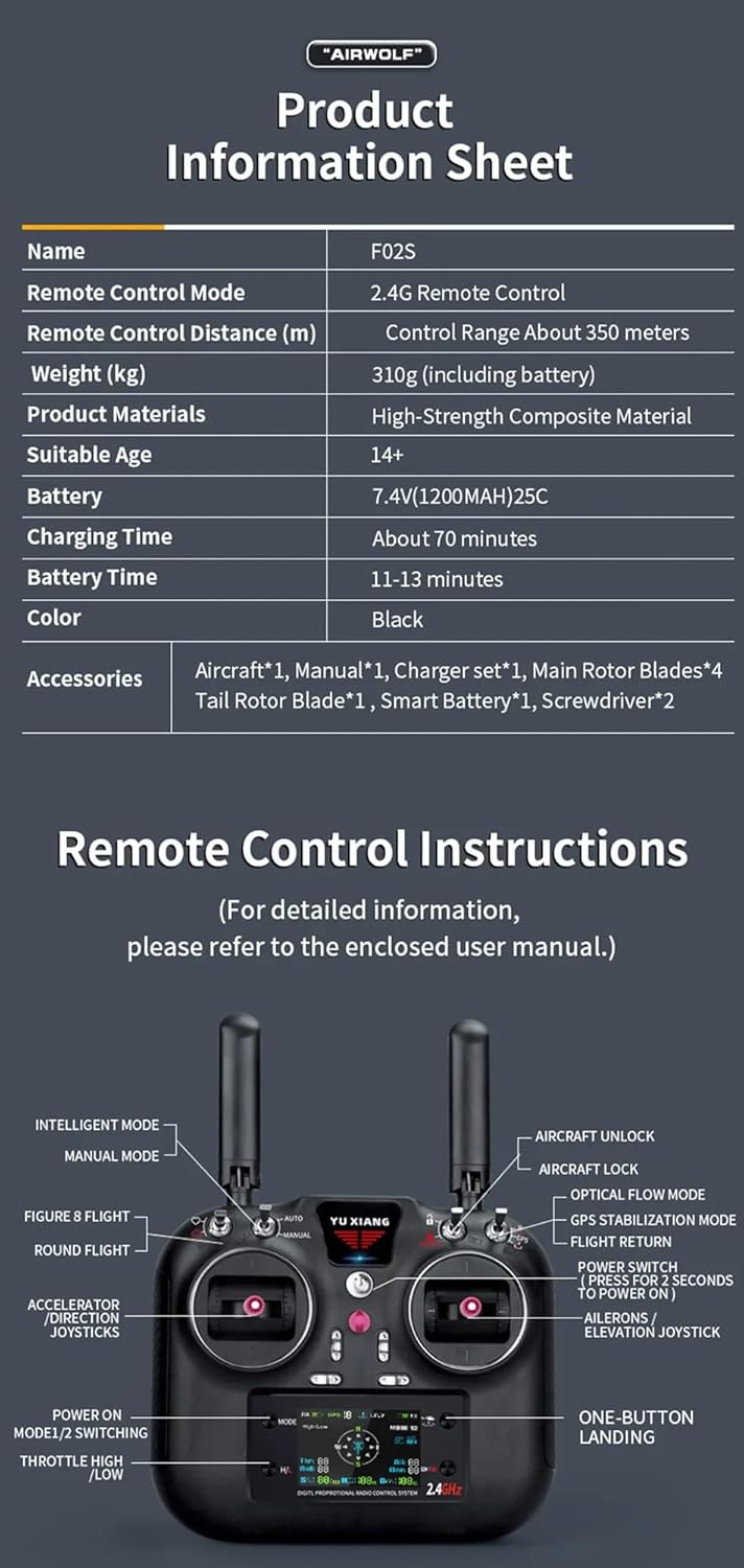 YU Xiang F02S Airwolf High-Performance RC Helicopter with Optical Flow Hovering – Smart 6G Flight System, Brushless Motor, CNC Rotor Head, for Adults & Advanced Flyers (4 Battery)