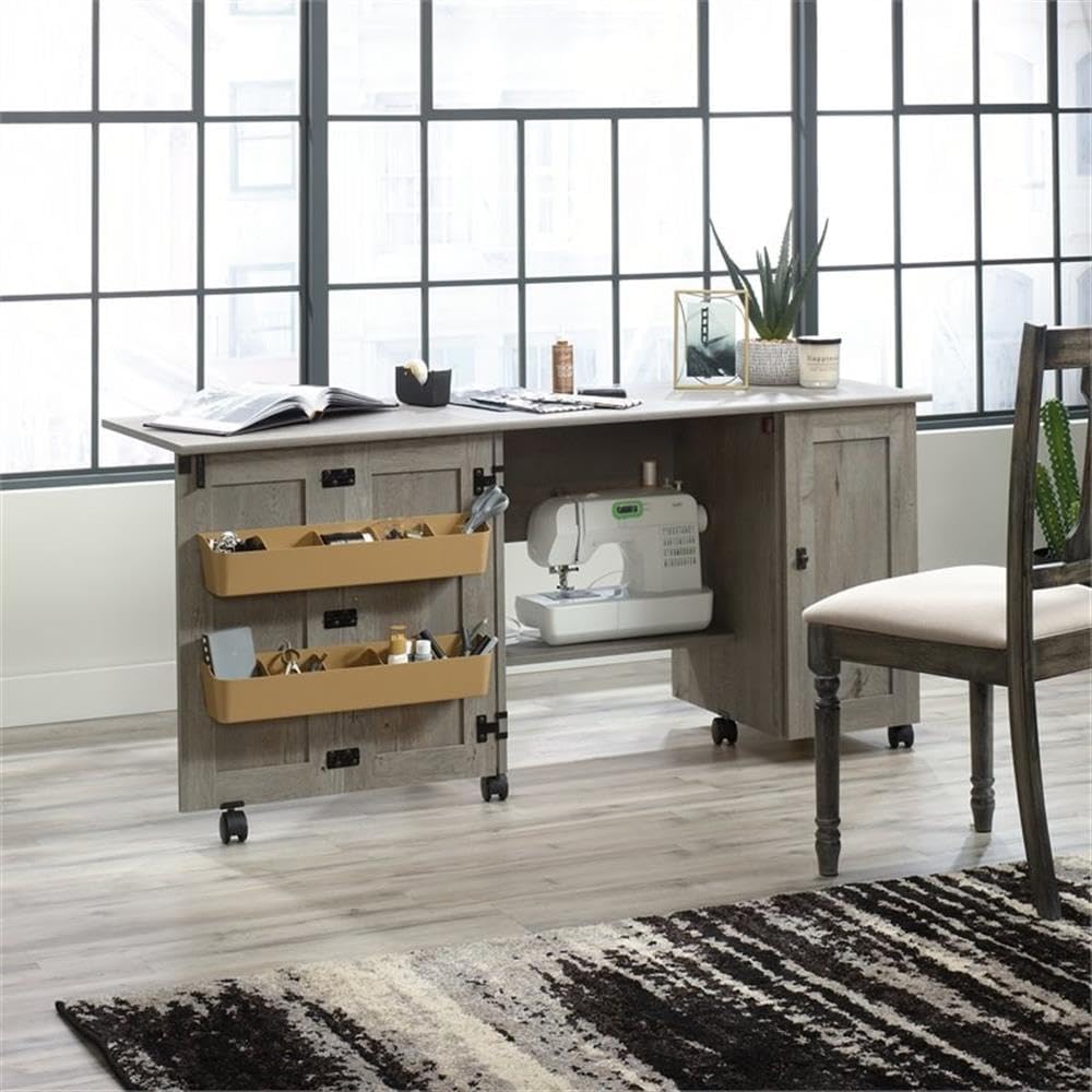 Home Square 2 Piece Mid Century Bookcase and Craft Table Set in Mystic Oak