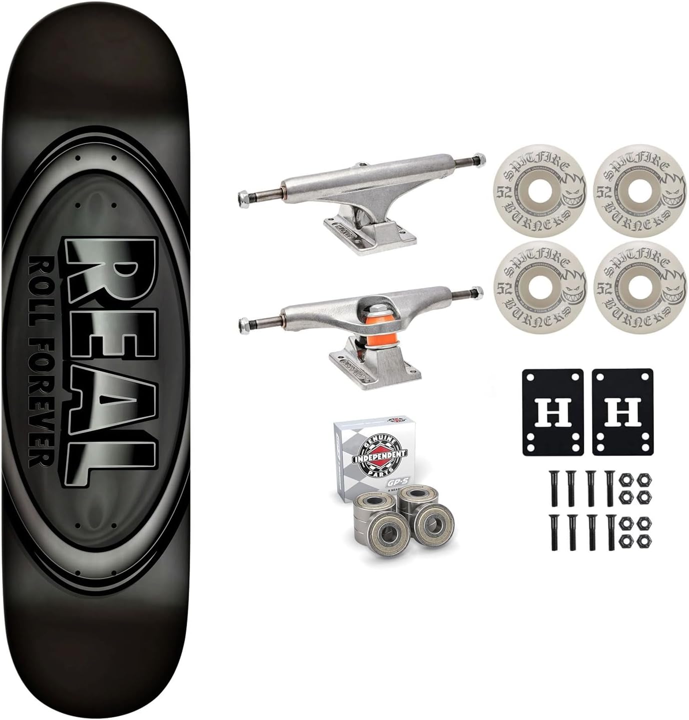 Real Professional Skateboard Complete with Independent Trucks, Spitfire Wheels, Independent Bearings, Mounting Hardware, and Risers - Premium Assembly Kit