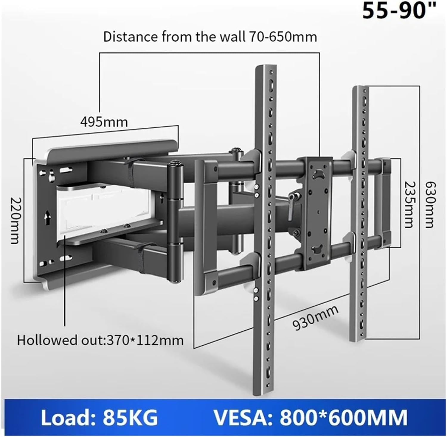 TV Wall Mount Bracket for 55-100 Inch TV Full Motion TV Frame Swivel Articulated 6 Long Arm Max VESA 800x600 mm 85 kg Load DY999