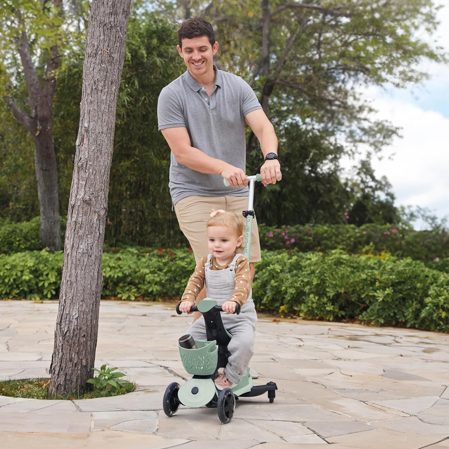 Globber - GO•UP Baby 360 Lights - Scalable Scooter 3 Wheels with Seat and Backrest for Children from 15 Months to 6 Years, Sage Green