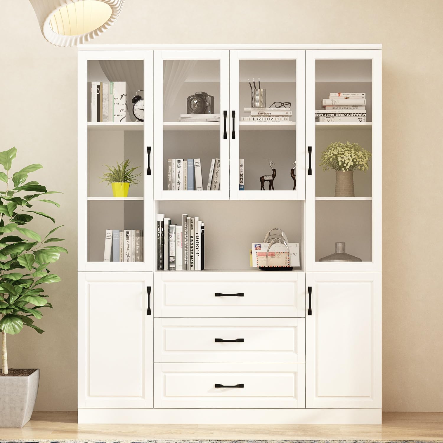 Homsee Tall Bookcase Bookshelf with Storage Shelves, 3 Drawers & 4 Glass Doors, Wooden Display Storage Cabinet with 11 Compartments for Home Office, Living Room, White (63”W x 15.7”D x 78.7”H)