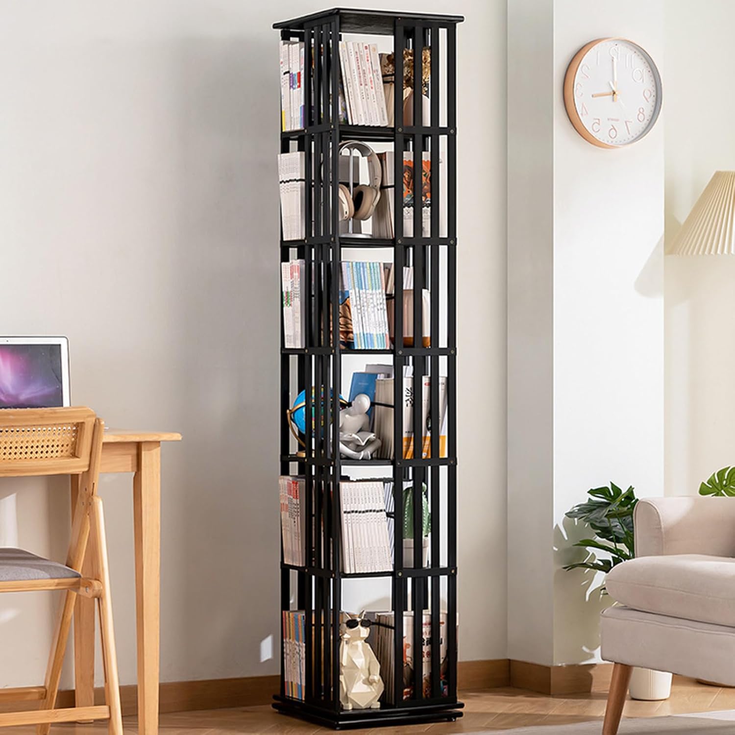 Rotating Bookshelf Tower, 360° Spinning Bookshelf Bamboo Revolving Bookcase Square Corner Bookshelf, Floor Standing Book Shelf Organizer for Bedroom, Living Room, Study Room, Black (6-Tier)