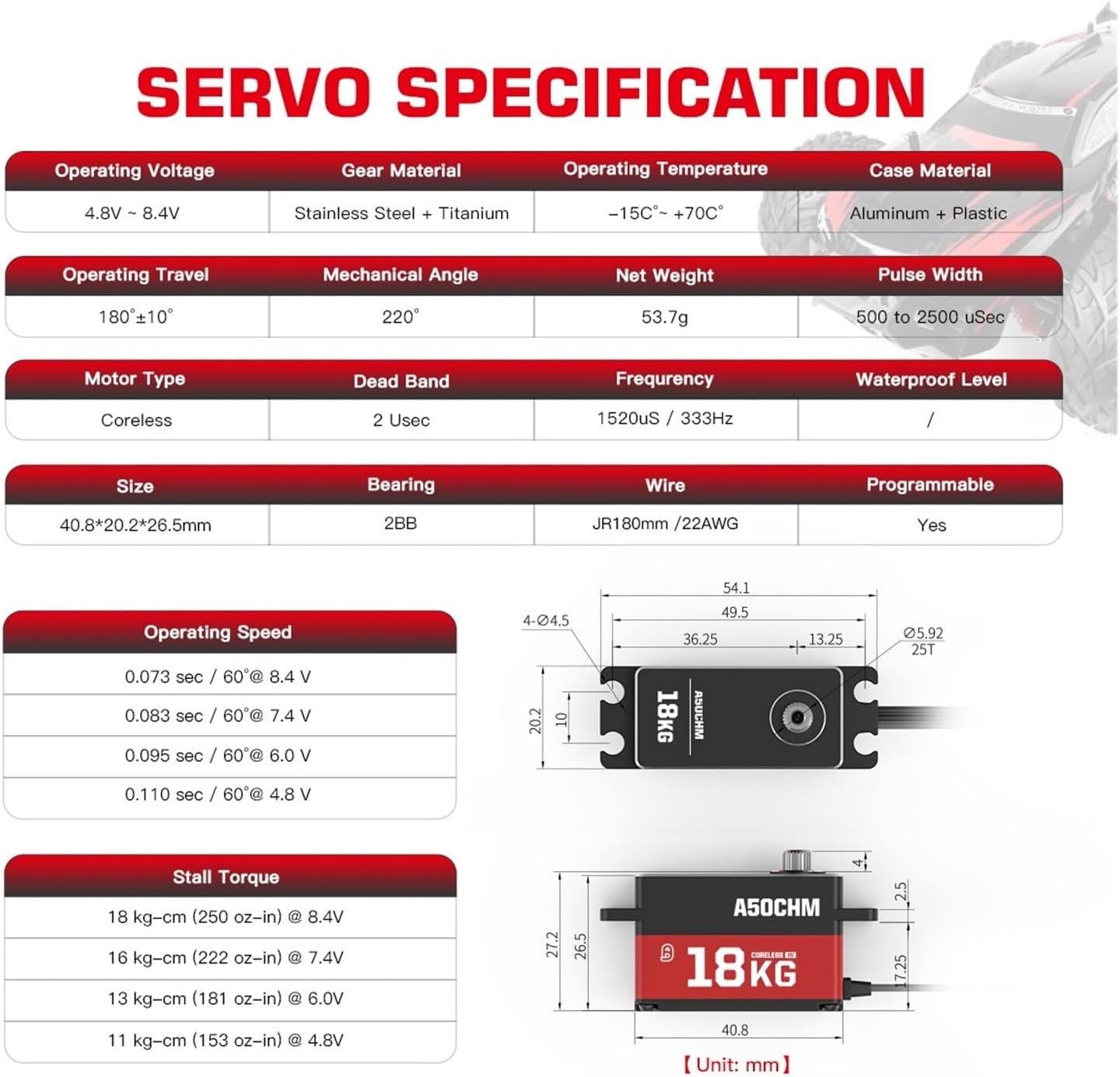 A50BHL A50CHM Programmable 19KG 18KG Brushless Coreless Digital Remote Control Servo Suitable for 1:10 1:12(A50CHM 18KG Set 3)