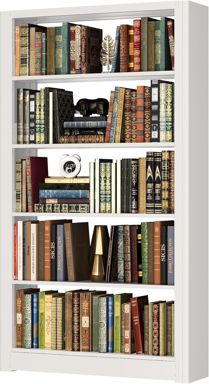 LyAosdFu 69” Tall Metal Bookshelf, Heavy Duty Bookcase, Modular Book Shelf with Expansion Capability, 5-Tier Adjustable Bookshelves for Heavy Books, Library, Living Room, Office. White