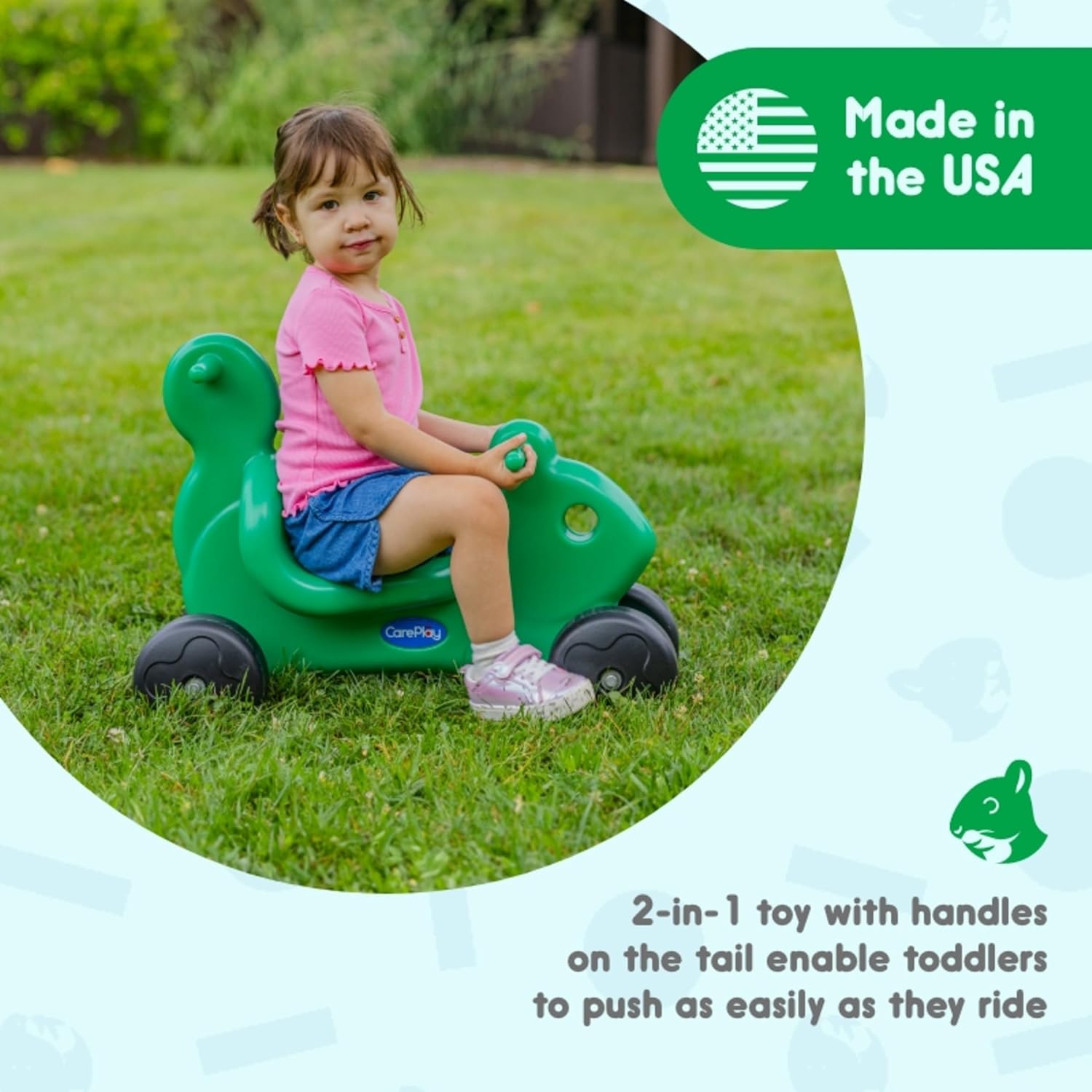 Careplay 2-in-1 Squirrel Push & Ride-on Toy, Indoor & Outdoor Use, Low Profile Seat, Recommended for Children up to 50lbs, Durable Construction, Made in The USA, 2-Pack, Green and Purple