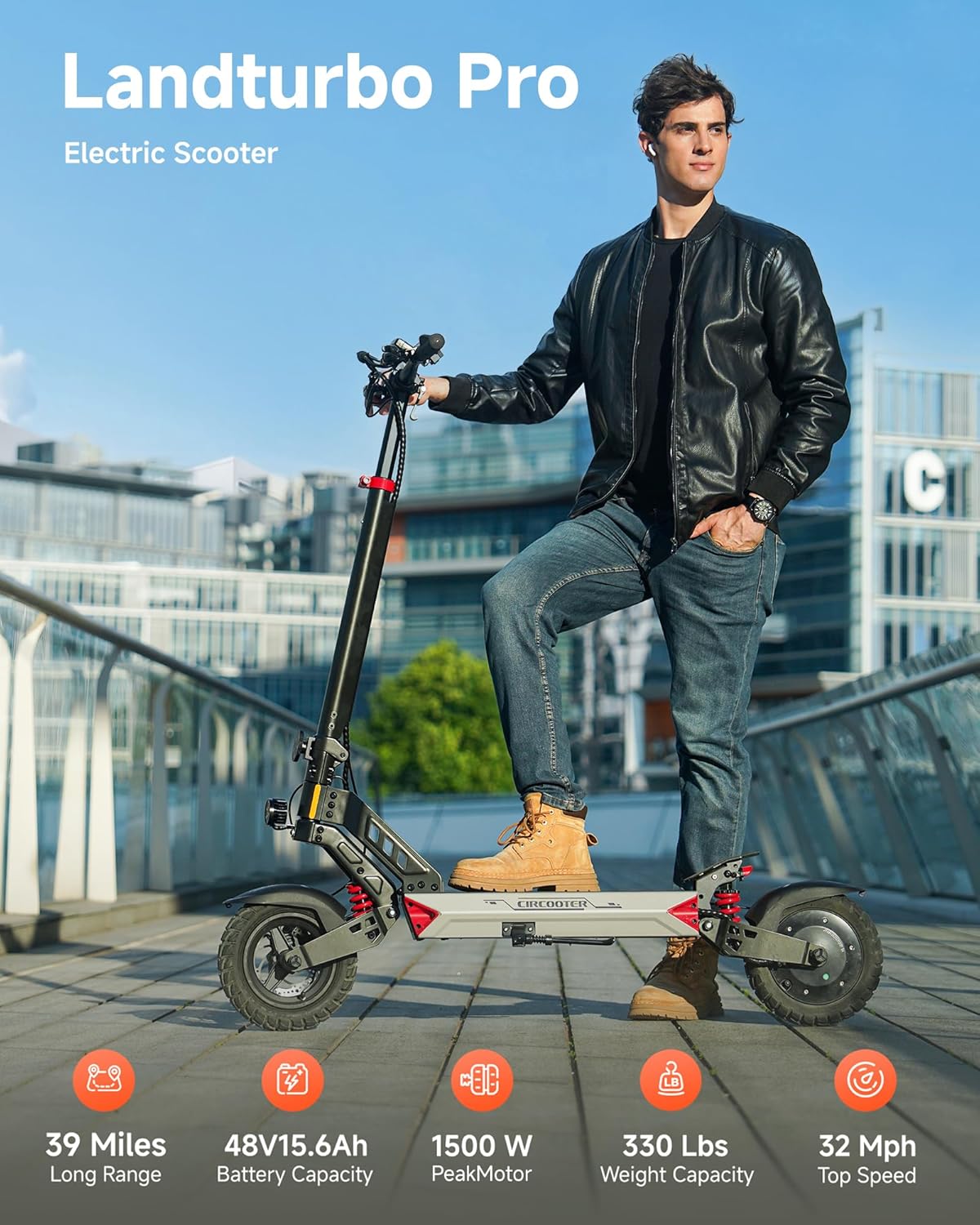 Circooter Landturbo Electric Scooter, 330LBS Capacity for Heavy Adults, 34-39 Miles Range&1000W Motor, 28-32MPH, 10'' Off-Road Tires, APP Control for Commuting & Outdoor Adventure