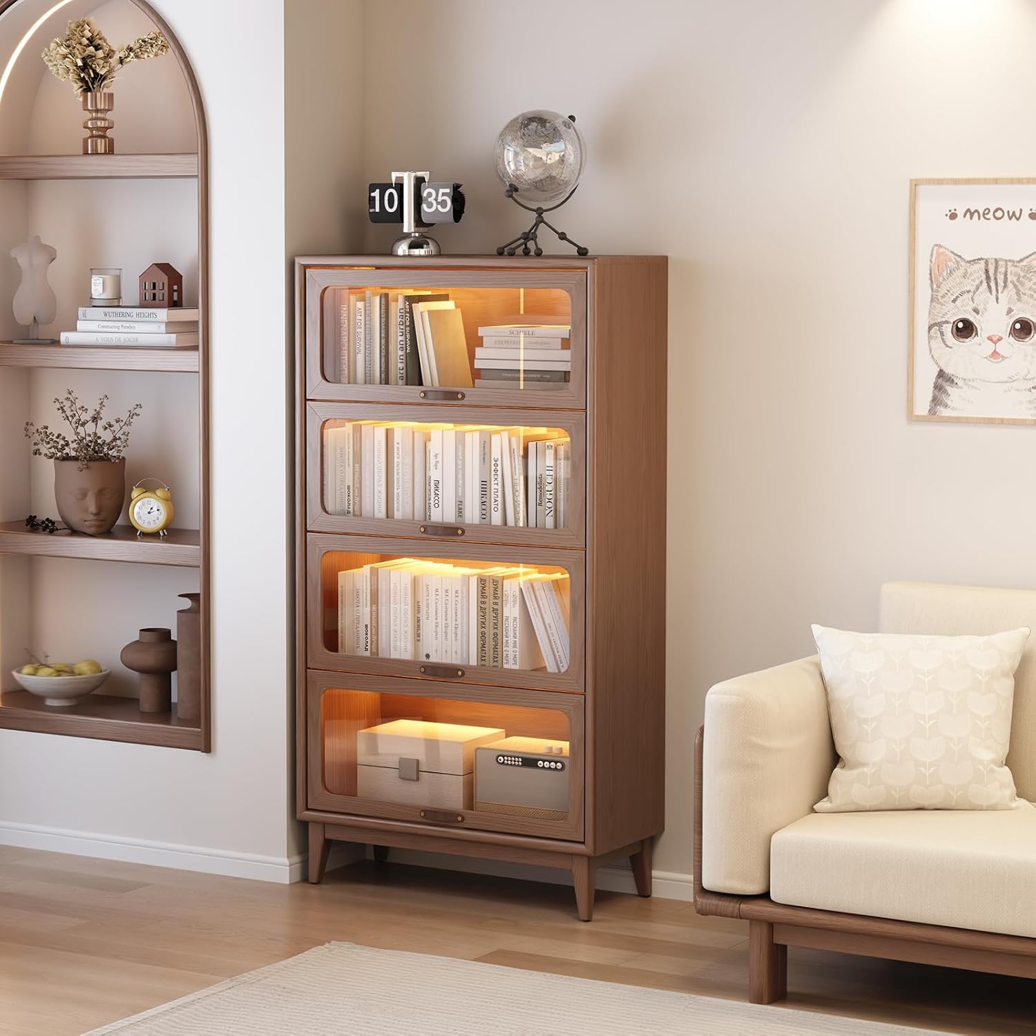 Solid Wood Bookcase 4 Tier With Tempered Glass Doors 60 Inch, Kitchen Pantry Display Cabinet, Brown Finish Cube Storage Organizer, Bookshelf Versatile Storage With For Home Office(No Light Strip)