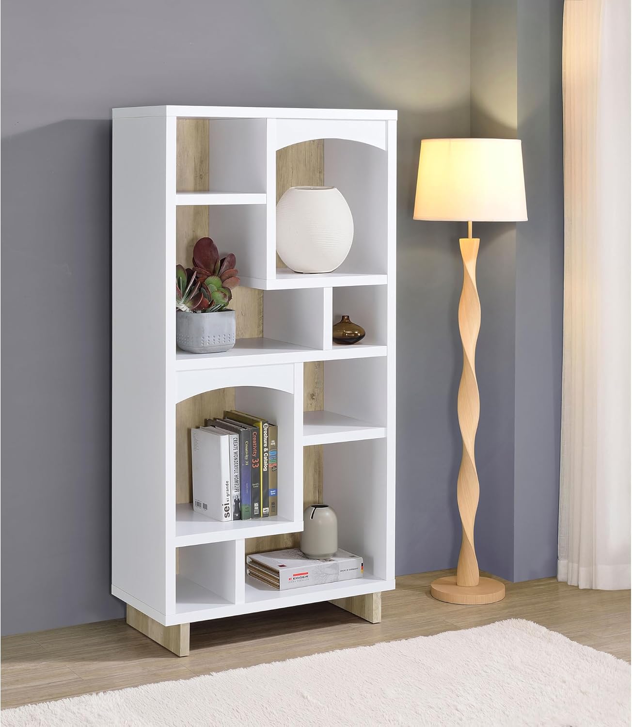 Jenvor 65-Inch 8-Shelf Bookcase White Distressed Pine with Arch Details, Two-Tone Frame and Brown Backing — Cottage Core Bookshelf for Living Room Bedroom Office Display