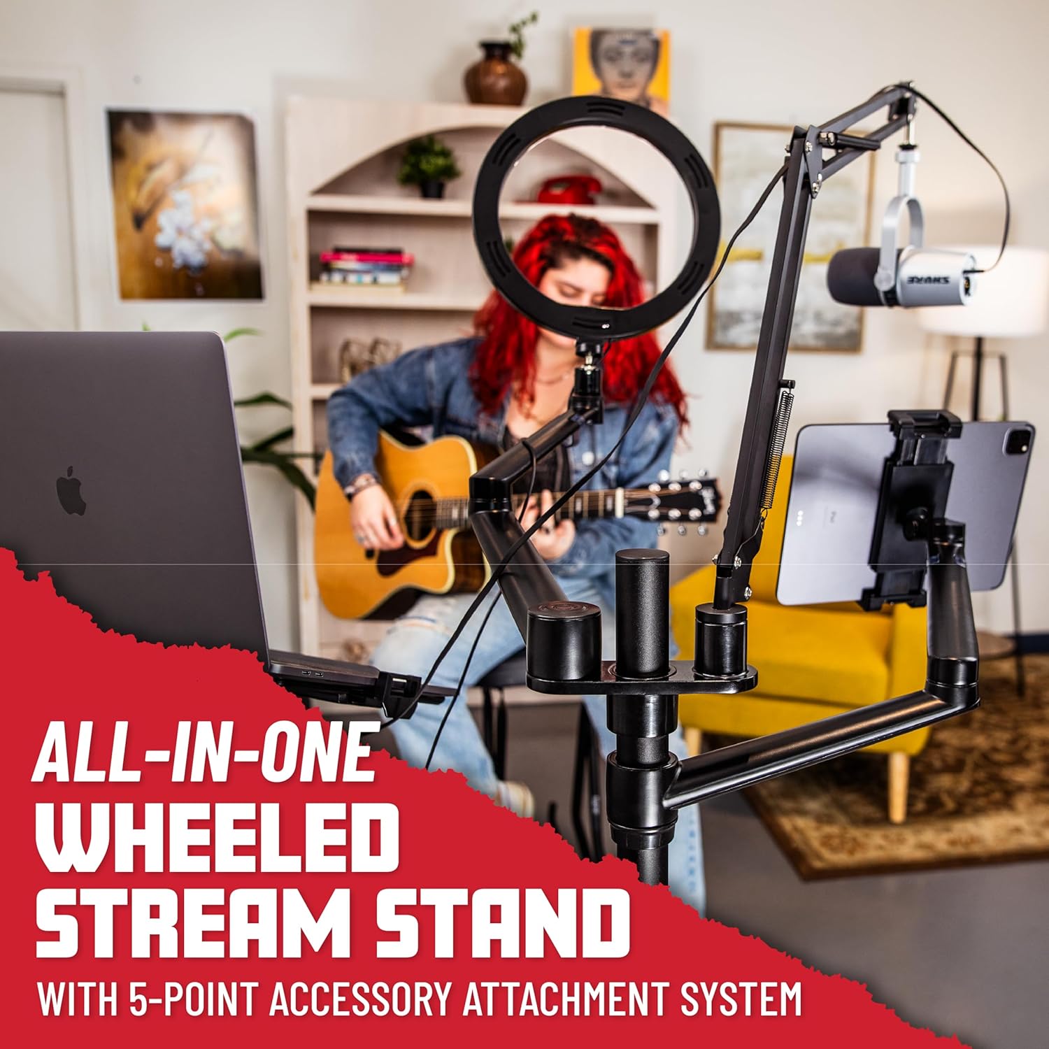 Gator Frameworks 5-in-1 Mobile Content Creator Streaming Stand with Wheeled Tripod Base – Includes Smartphone, Tablet, Laptop Clamps, Ring Light, and More! (GFW-STREAMSTAND-W)