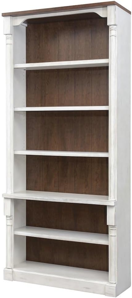 Starlight Canyon Home Rustic Open Wood Bookcase, 8 Feet Tall, 4 Adjustable Shelves, Fixed Stability Shelf, Weathered White Finish, Cherry Top