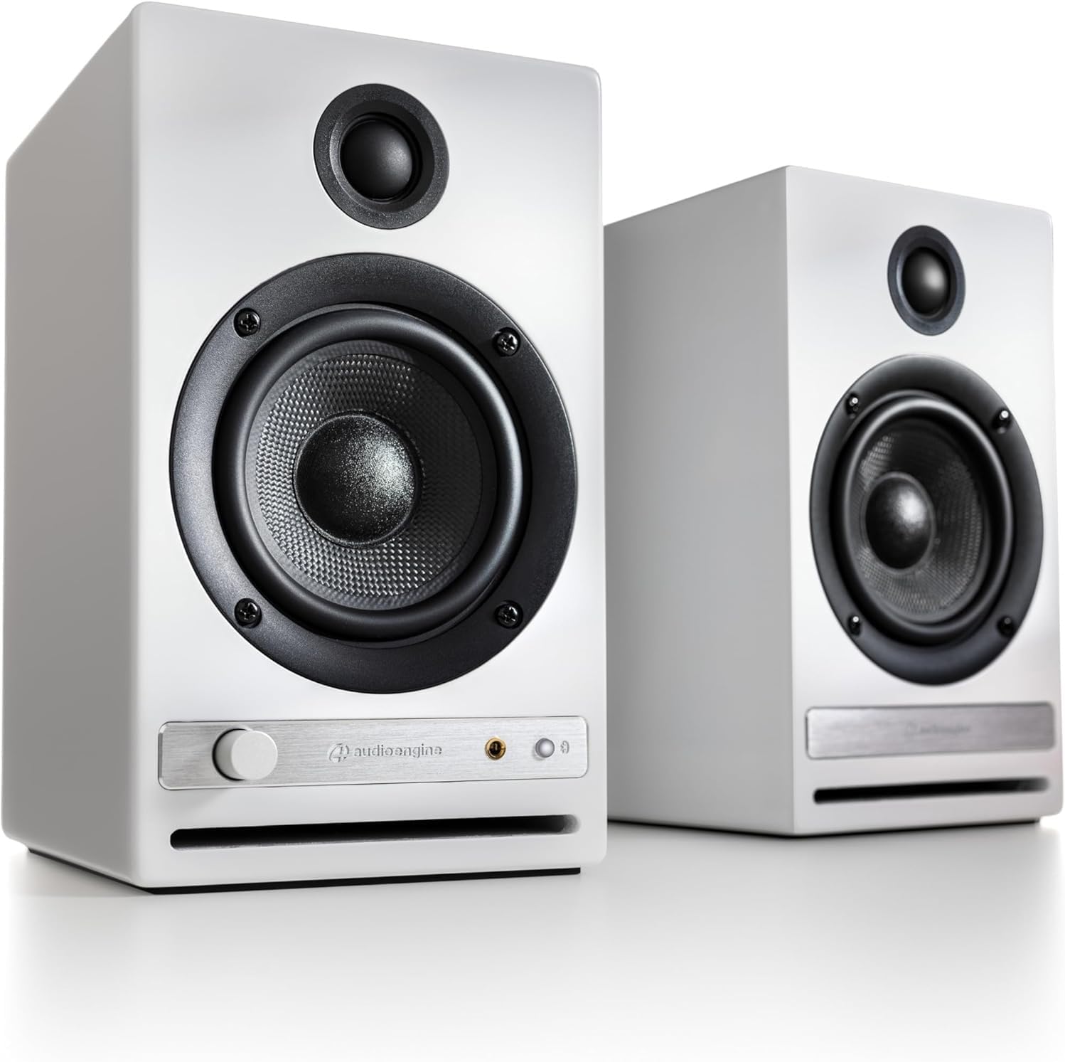 Audioengine HD4 White Wireless Bookshelf Speakers with S8 Black Subwoofer and DS2 Stands