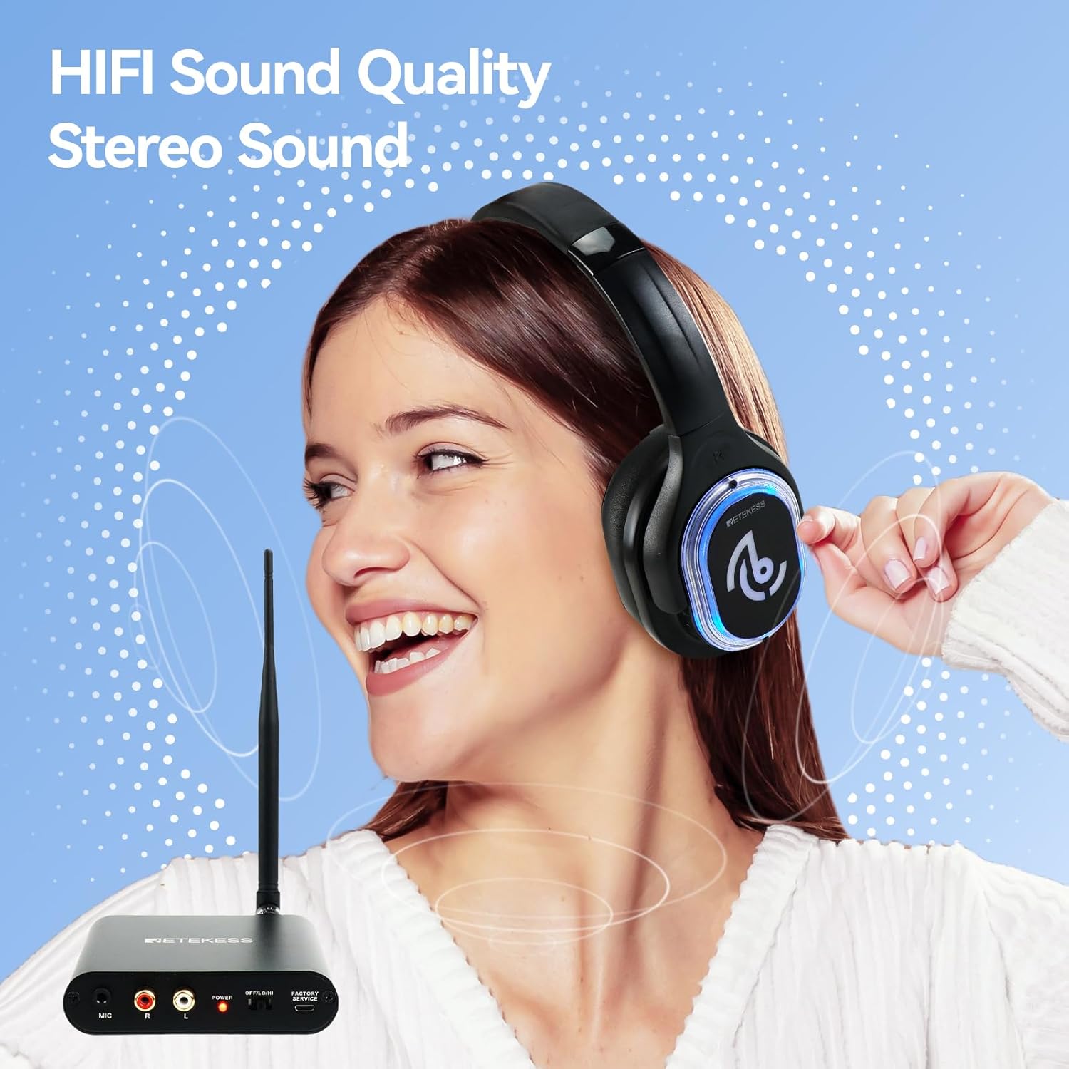 Retekess TA003 Silent Disco Headphone System, Party Wireless Headphones, LED Light, Stereo Sound, Silent Party Headphones Bundle 3 Channel for DJ, Music Events, Festivals (50 Pack)