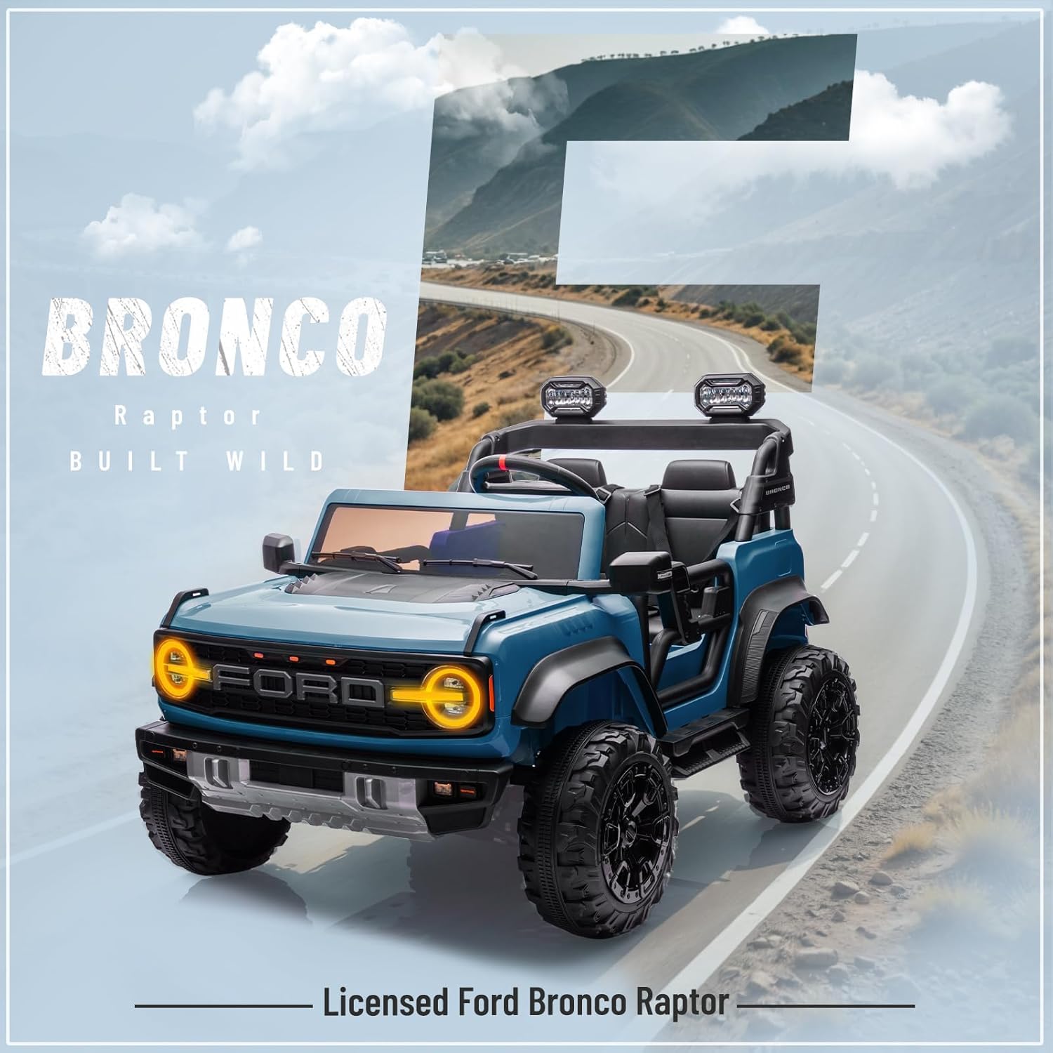24V Ride on Toy for Big Kids,Ford Bronco Raptor 2 Seater Kids Electric Vehicle Car with Remote,Battery Powered Car 4 Wheels with Spring Suspension,LED Light,Bluetooth,3 Speeds (24V, Blue)