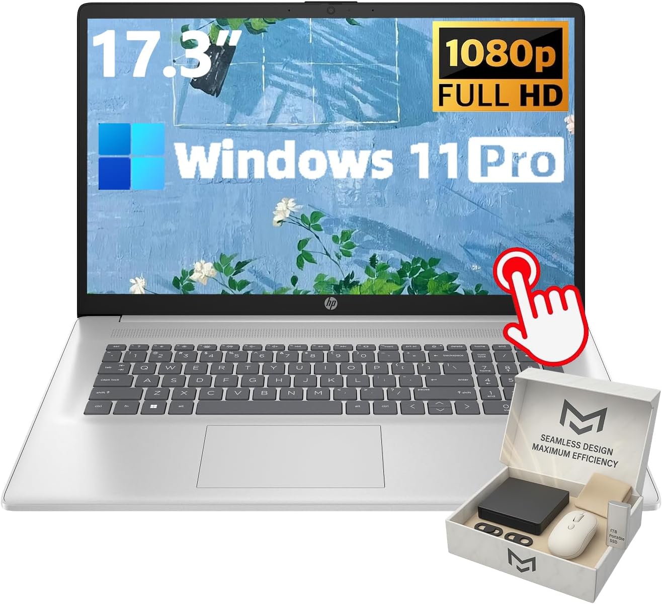 HP 17.3 Touchscreen Laptop Computer - HD+ 250-Nits Display • AMD Ryzen 5 7530U • Windows 11 Pro • Wi-Fi 6 • Numeric Keypad • for Business and Student • w/Accessory • Silver • 16GB RAM • 1TB SSD