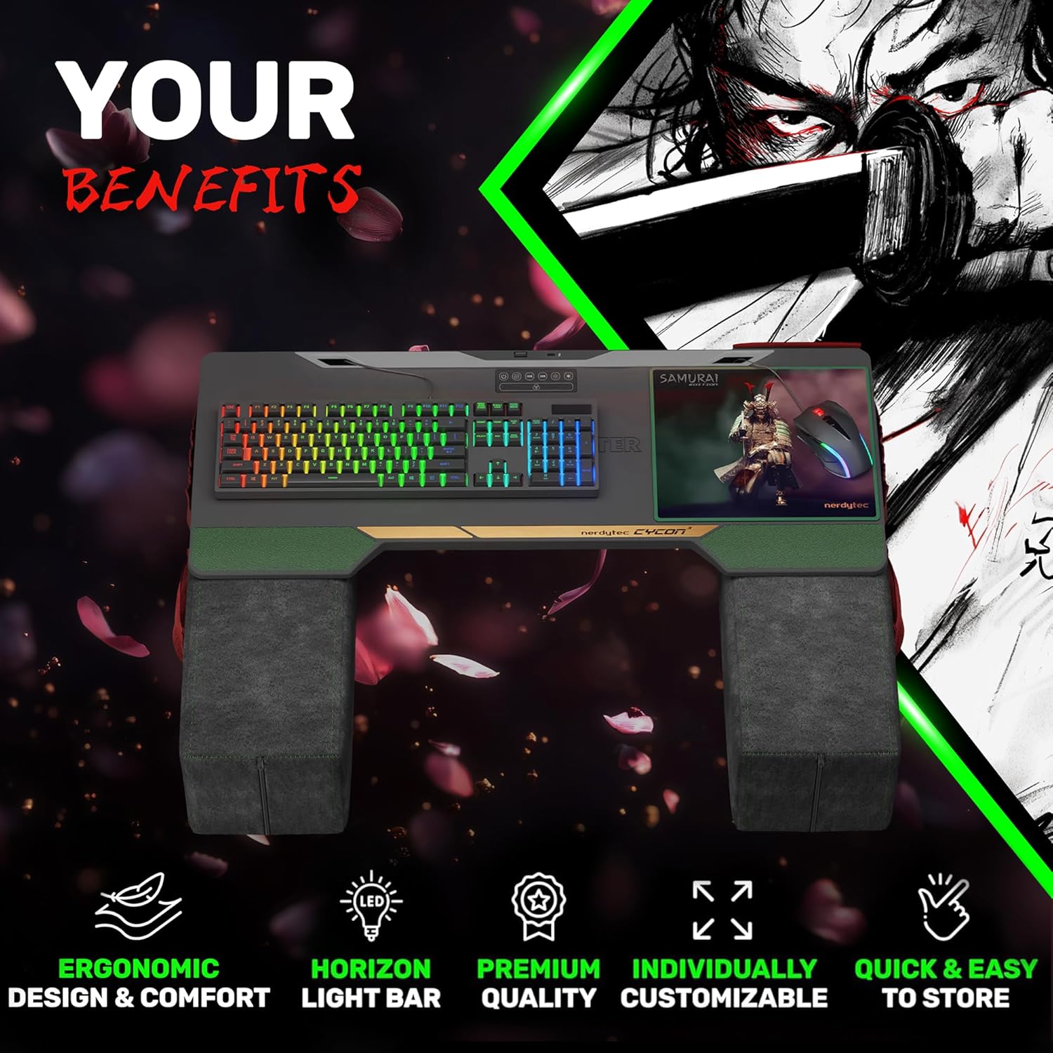 Couchmaster CYCON³ Samurai Edition with HORIZONLIGHT Bar, Ultimate Ergonomic USB-Hub Gaming Lap Desk for Couch and Bed, Compatible with All Keyboards and Mouse/Mice, Laptops, PCs, PS4/5, Xbox