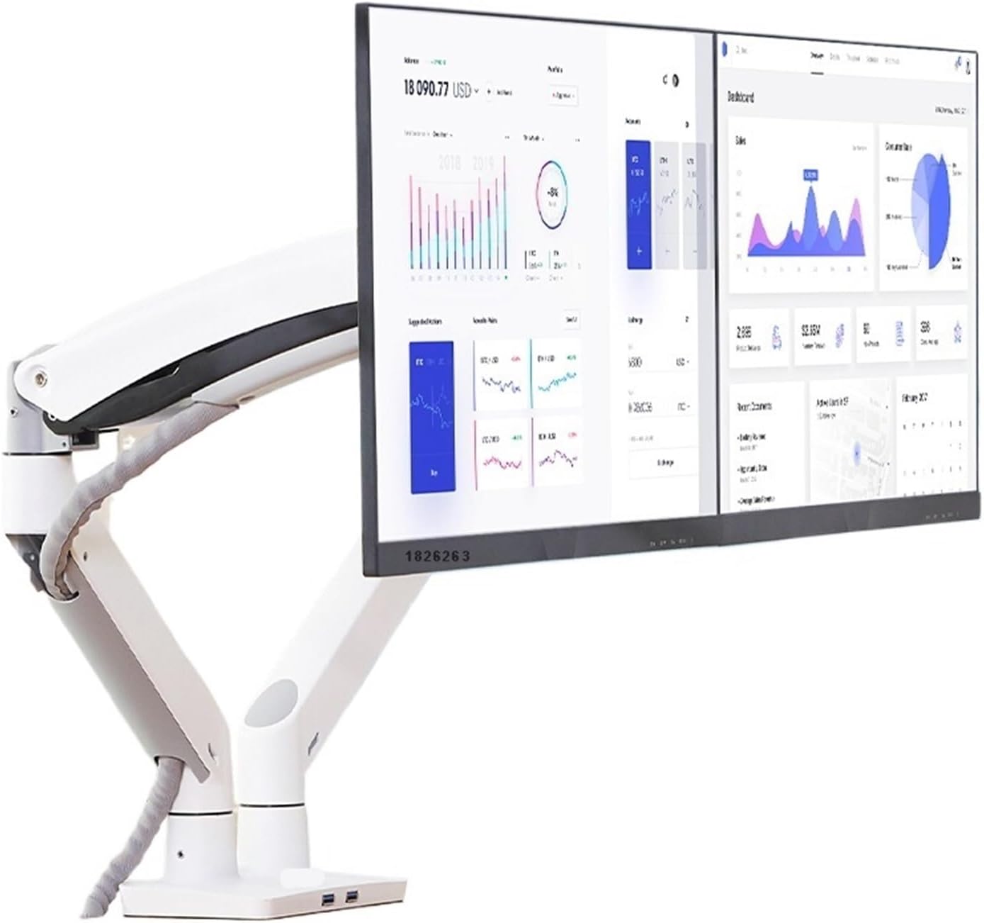 F195A Aluminum Alloy 22-32 Inch Dual LCD LED Monitor Stand Gas Spring Arm Full Motion Monitor Stand with 2 U Ports(White)