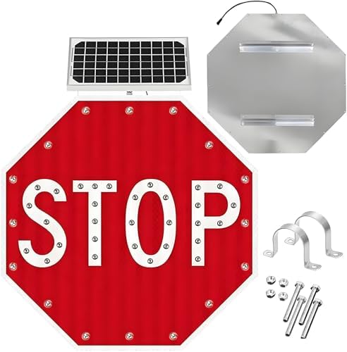 Solar-Powered LED Stop Sign - Octagon Traffic Safety Sign with Flashing Lights & Reflective Surface - Durable Aluminum for High-Traffic Areas - Enhanced Road Safety， 80 * 80cm(32in)