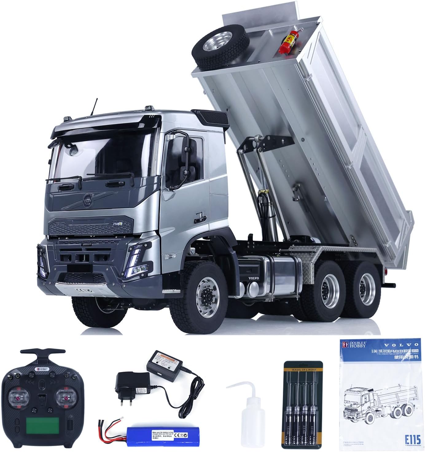 Double E 1/14 RC Hydraulic Dumper Truck 6x6 for FMX Remote Control Tipper Cars Model 2-Speed Transmission ST8 Radio Controller(Grey)