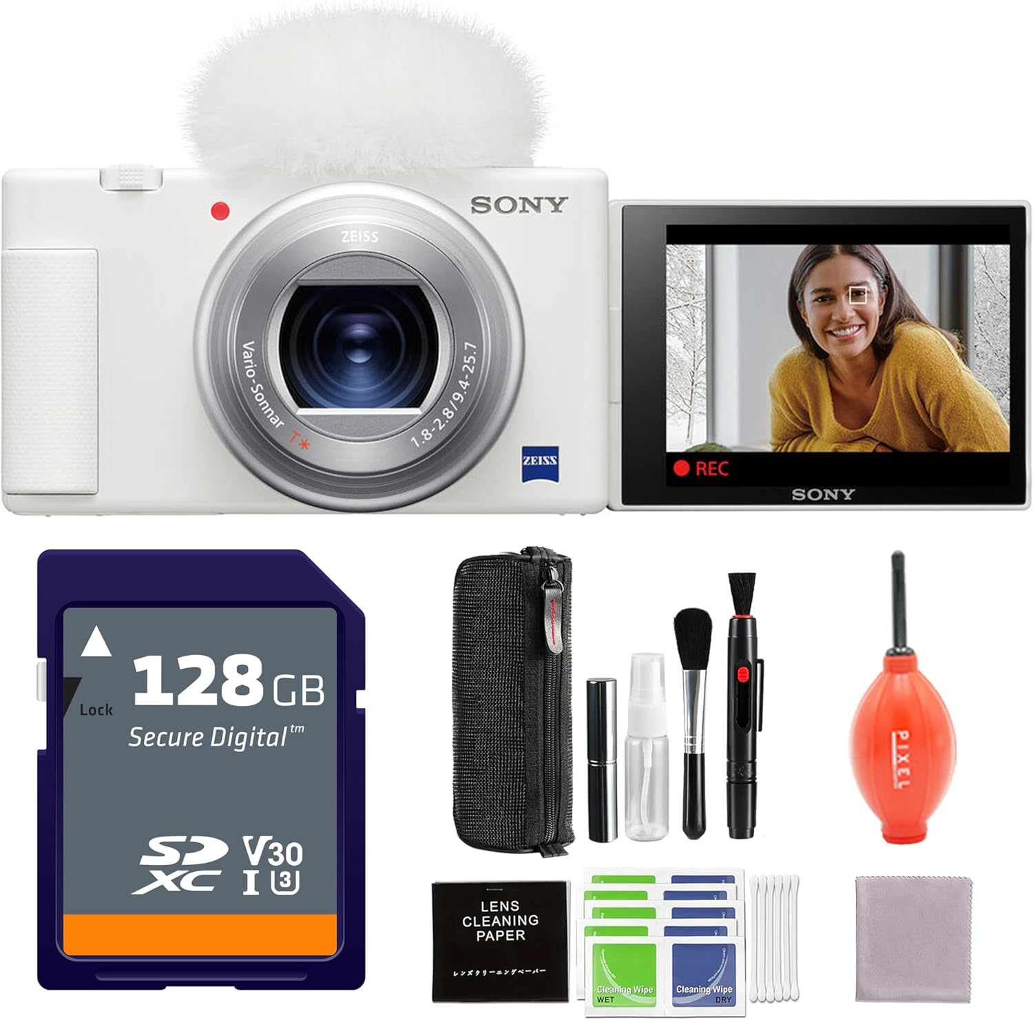 Sony ZV-1 Digital Camera (White) Bundle with 128GB SDXC Card and Advanced Accessories
