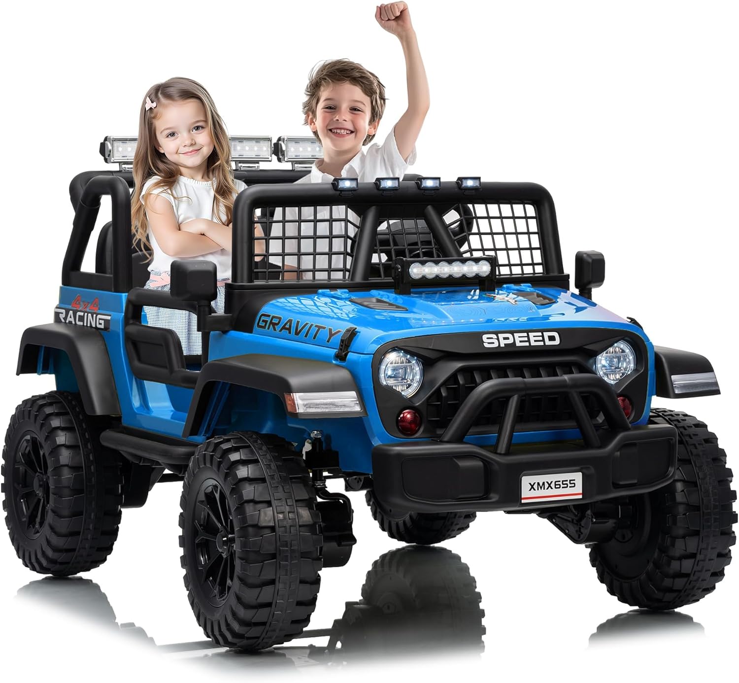 24V 2-Seater Kids Electric Truck with Parent Remote Control, 100Min Ride-on Car, 4WD Dual Motor, 2 Speeds, Spring Shock Absorber, LED Headlights, Siblings Gift Kids Electric Vehicle, Blue