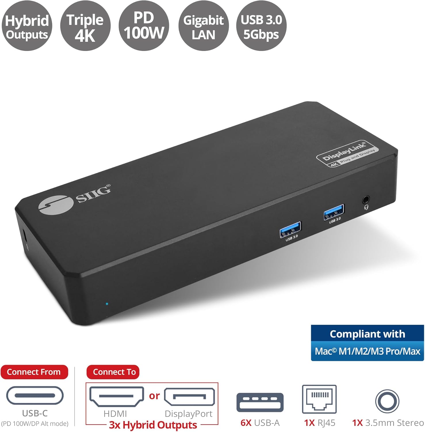 SIIG USB-C Universal Laptop Docking Station, Hybrid Triple 4K Monitor,DisplayPort + HDMI,100W PD Charging,6X USB 3.0,Gigabit Ethernet,3.5mm Headset,TB 3 Compatible,for Windows and Mac JU-DK0J11-S1