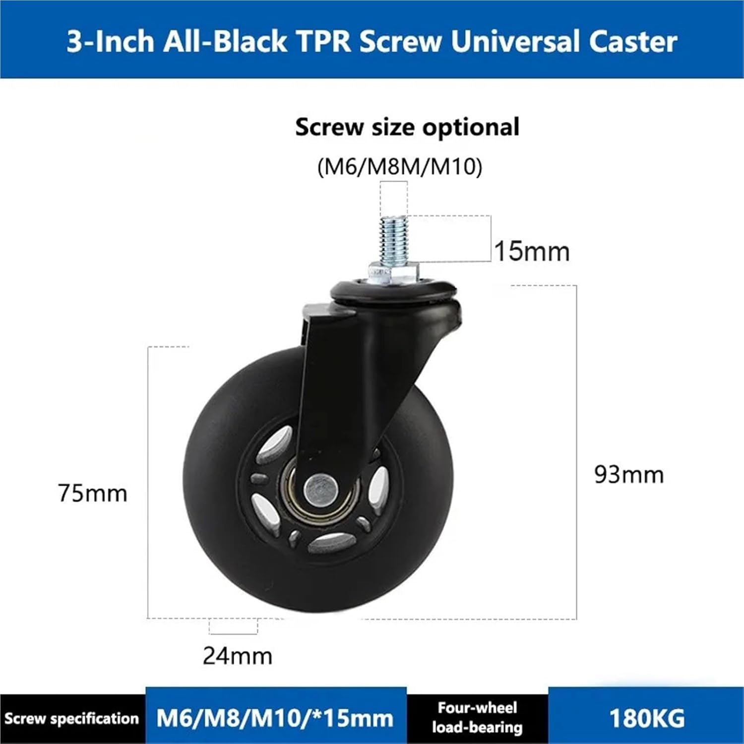 5Pcs 3 Inch M6/M8/M10 TPR Black Screw Roller Ice Wheel Entertainment Equipment Scooter Universal(M8x15mm)