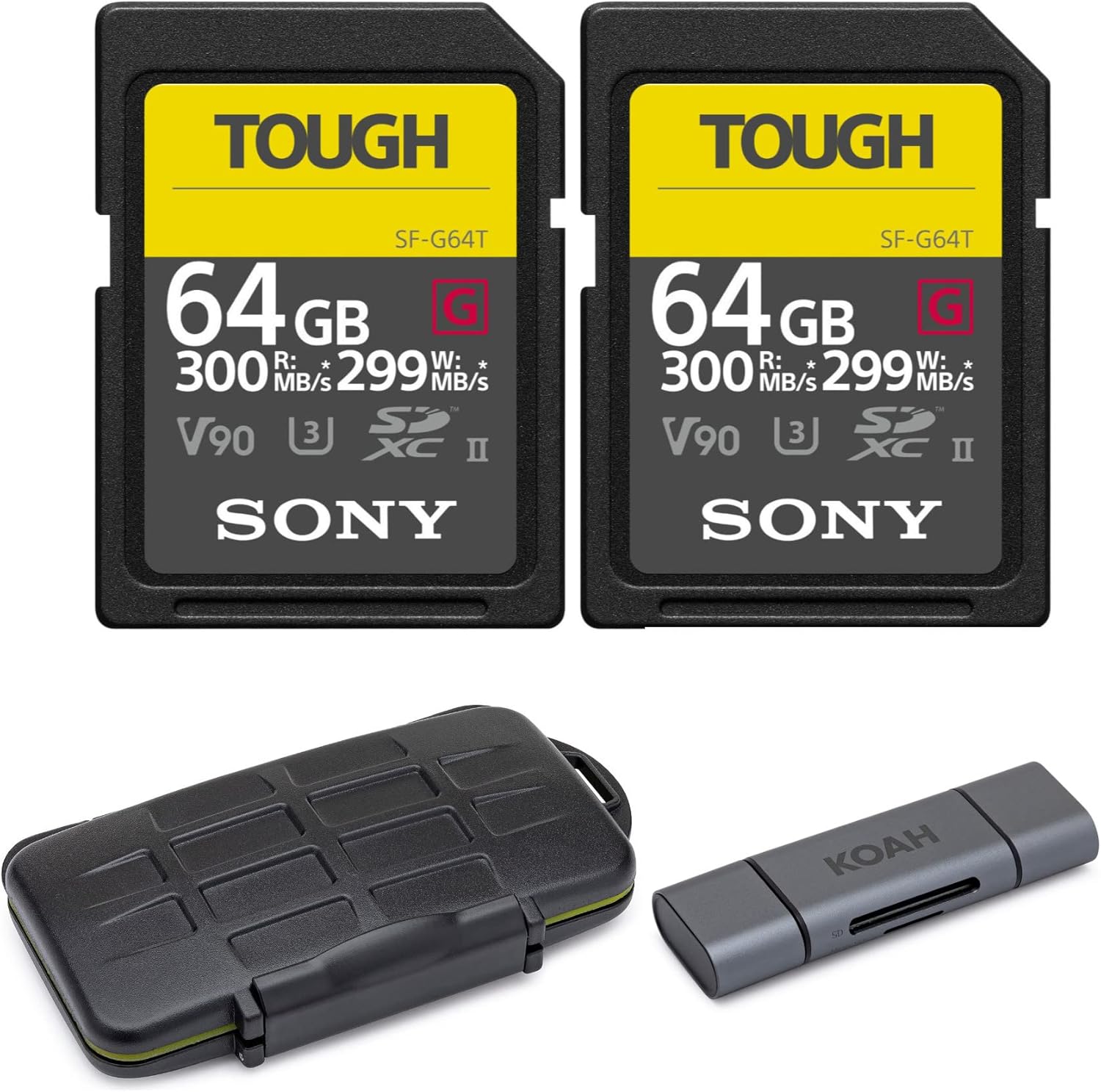 Sony 64GB UHS-II Tough G-Series SD Card 2-Pack Bundle with Aluminum Dual Slot Card Reader and Rugged Memory Storage Carrying Case (4 Items)