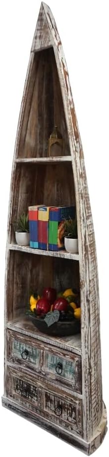 Sundara Furnishings Nautical Bookcase, Canoe Bookcase with 2 Drawers, Reclaimed Wood, Whitewashed, 81