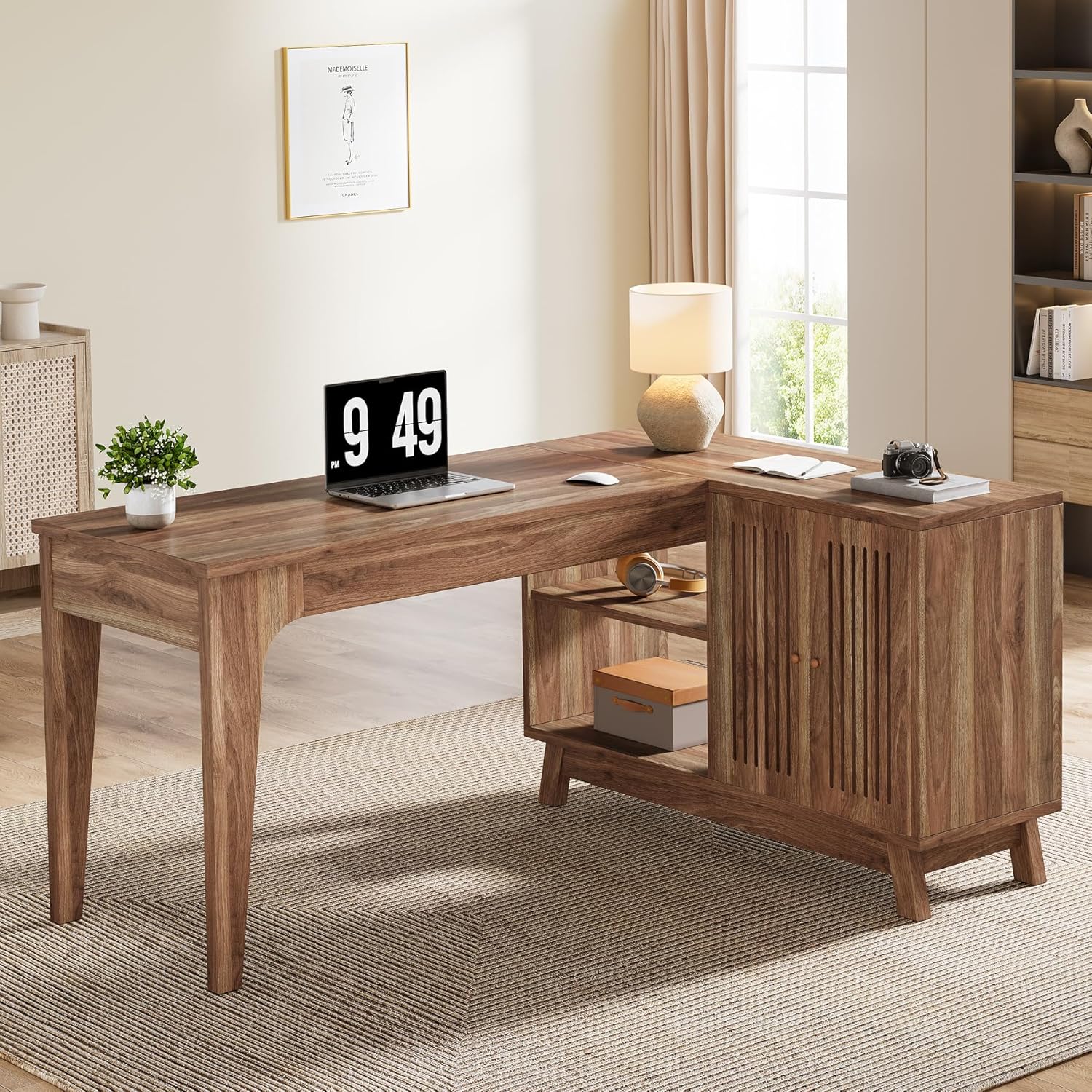 Tribesigns L-Shaped Desk with Storage Cabinet, 57-Inch Wood Corner Workstation, Home Office Computer Desk, Study Writing Table for Bedroom, Walnut