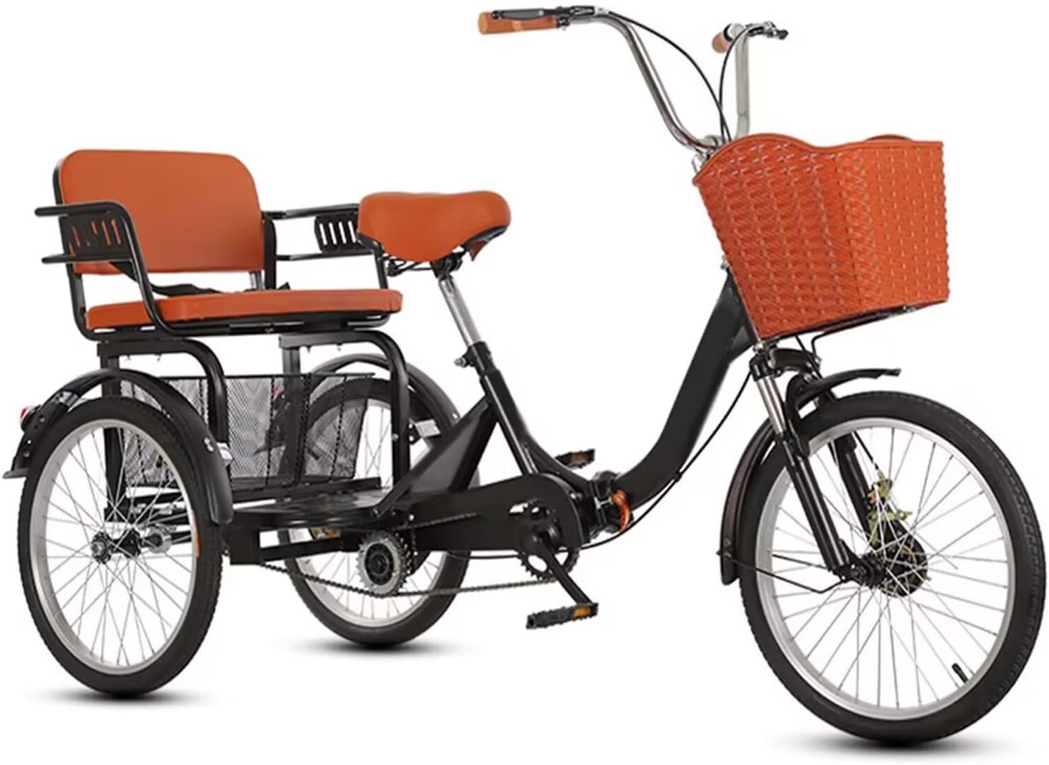 Folding Pedal Tricycle with Shock Absorbing Fork,Tandem Bicycle with Rear seat,Elderly Rickshaw Tricycle with Sensitive Brake,Leisure Cruiser Bikes,Cargo and Passenger trikes, Black-20inch