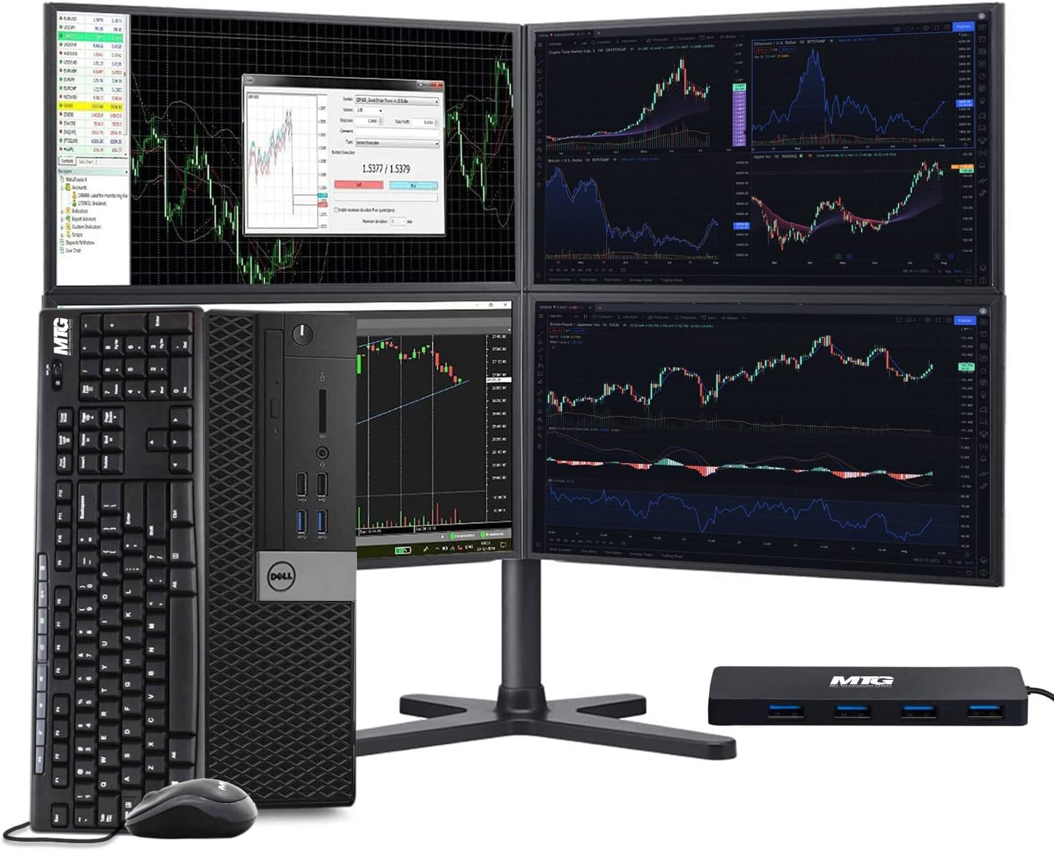 Dell Trading Optimized PC Bundle Intel i5 6th Gen,32GB RAM,512 GB nvme SSD,4 New 24” Monitors,2 Network Cards,Trading Platform Support,MTG 4 in 1 USB HUB,Keyboard & Mouse Windows 11 Pro (Renewed)