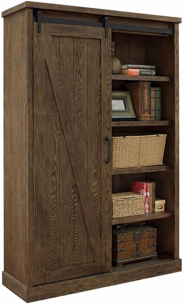 Pemberly Row 8-Shelf Wood Bookcase with Sliding Door in Brown