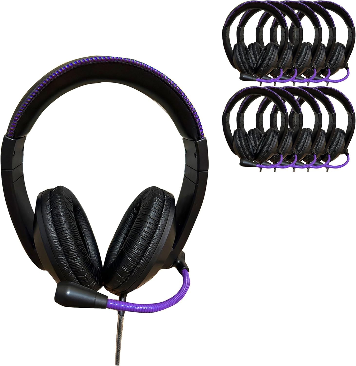 HamiltonBuhl Smart‑Trek Deluxe USB‑C Stereo Headsets 100‑Pack, Noise‑Canceling Gooseneck Mic, In‑Line Volume Control, Leatherette Cushions, Metallic Purple Accents