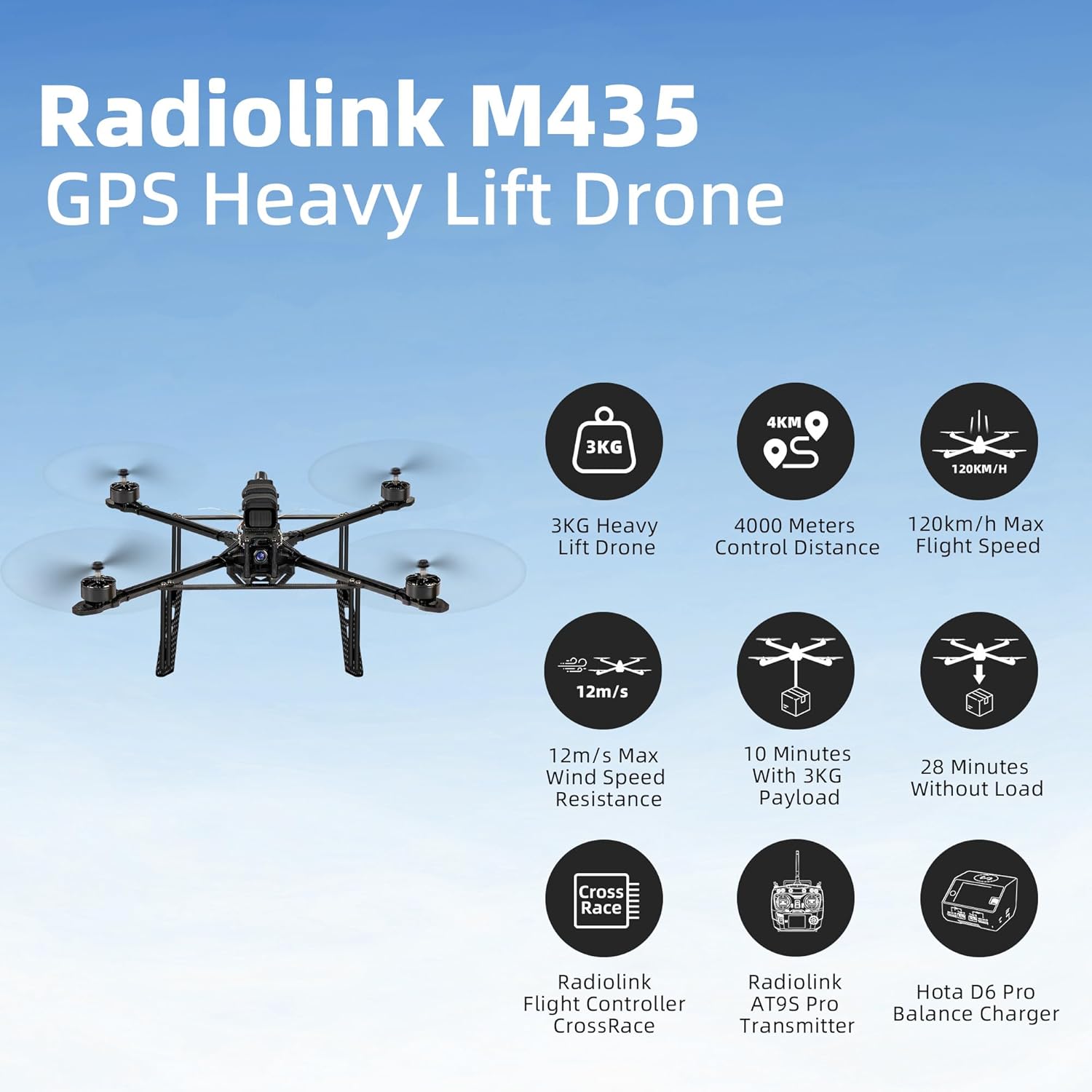 Radiolink M435 GPS Heavy Lift Drone 3KG Payload with 120km/h Flight Speed, 4000 Meters Control Distance, HD FPV GPS Caddx Walksnail Avatar Goggles, Routes Planning, Autopilot, Auto Takeoff/Landing, Drop, FPV RTF Payload Quad