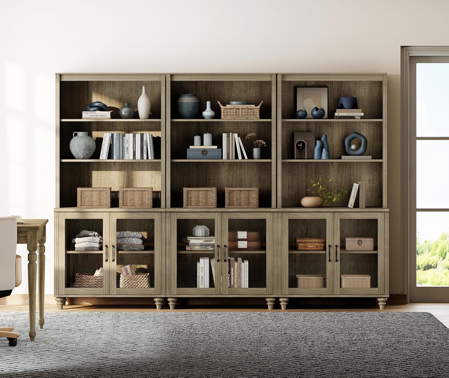 WAMPAT Gray Wash Bookcase with Glass Doors Set of 3, 5 Tier Bookshelf, 72'' Tall Book Case Shelf, Large Wood Bookcases Farmhouse Bookshelves for Living Room Bedroom Home Office Kitchen