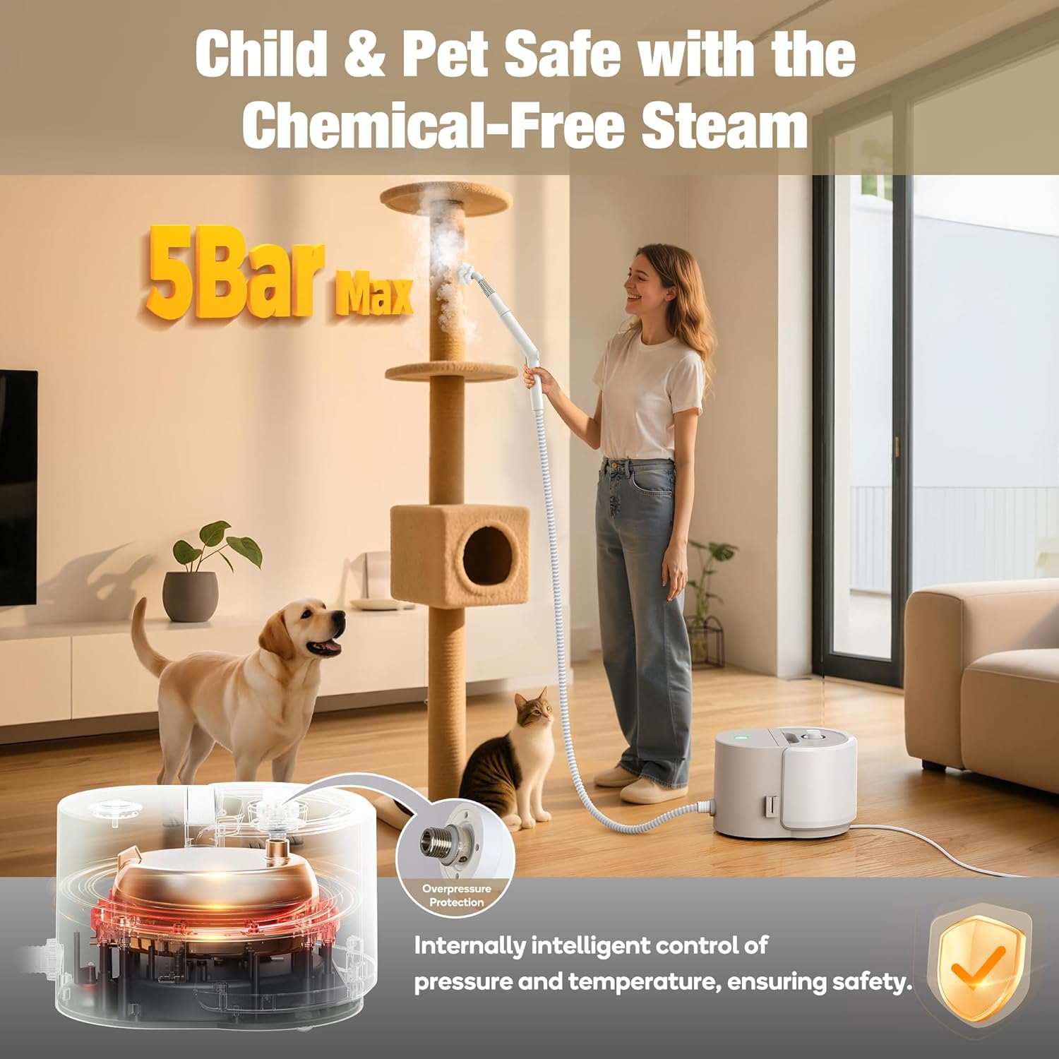 Newbealer Steam Cleaner NB282C Bundle with Pads & Mop Head and 2 Pcs Extension Pole