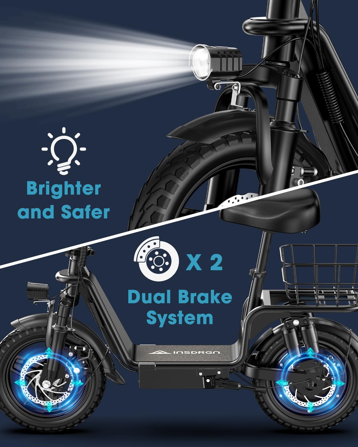 Peak 900W/1300W Electric Scooter for Adults with Seat, 48V 10.4Ah/13Ah Li Battery, 28-35 Miles Range eScooter, 20MPH Commuter E Scooter with Basket, Max 330LBS, UL2849 Certified, C14 PRO