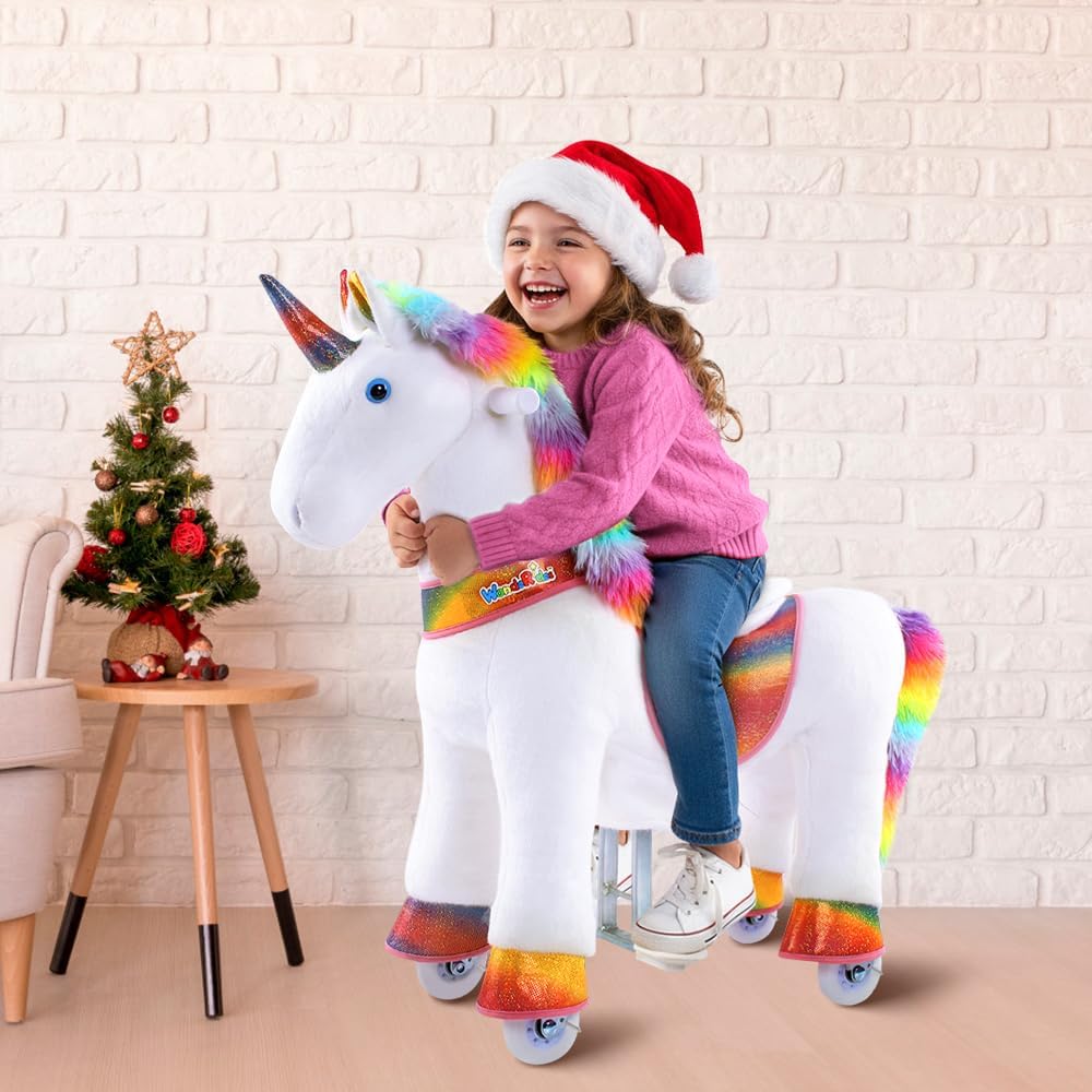 WondeRides Ride on Unicorn Horse Riding Pony Cycle Toys with Rainbow Glowing Wheels Size 4 for Age 4-9, 36 inch Height Riding Horse Unicorn Plush Giddy up Mechanical Toy for Child Boys Girls M432
