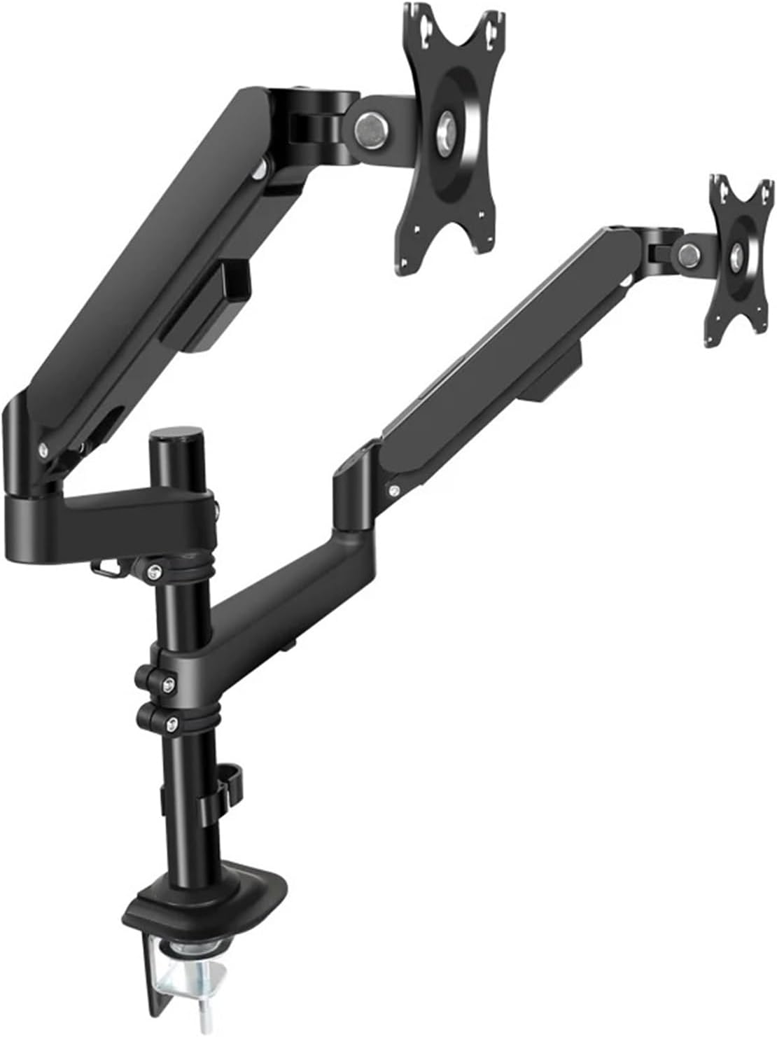 Gas spring dual monitor stand for 17-30 inches, ergonomic design, 535mm height adjustment, 9kg load capacity per screen, desk clamp/grommet mount