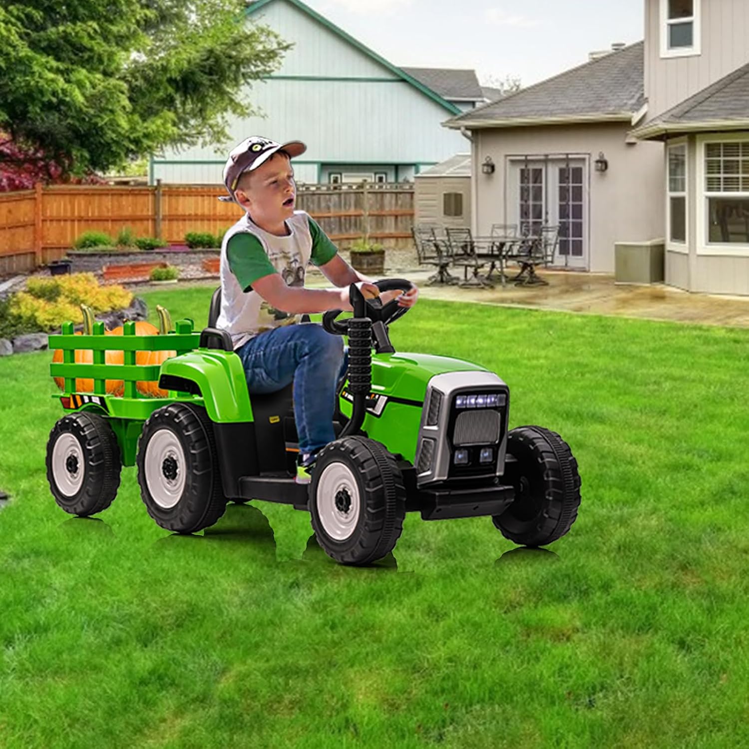 GAOMON Battery Powered Kids Ride on Tractor with Trailer, EVA Treaded Tires, LED Headlights, Remote Control, 2+1 Gear, MP3 & USB Connectivity, Hub Grey Rear Bucket Green