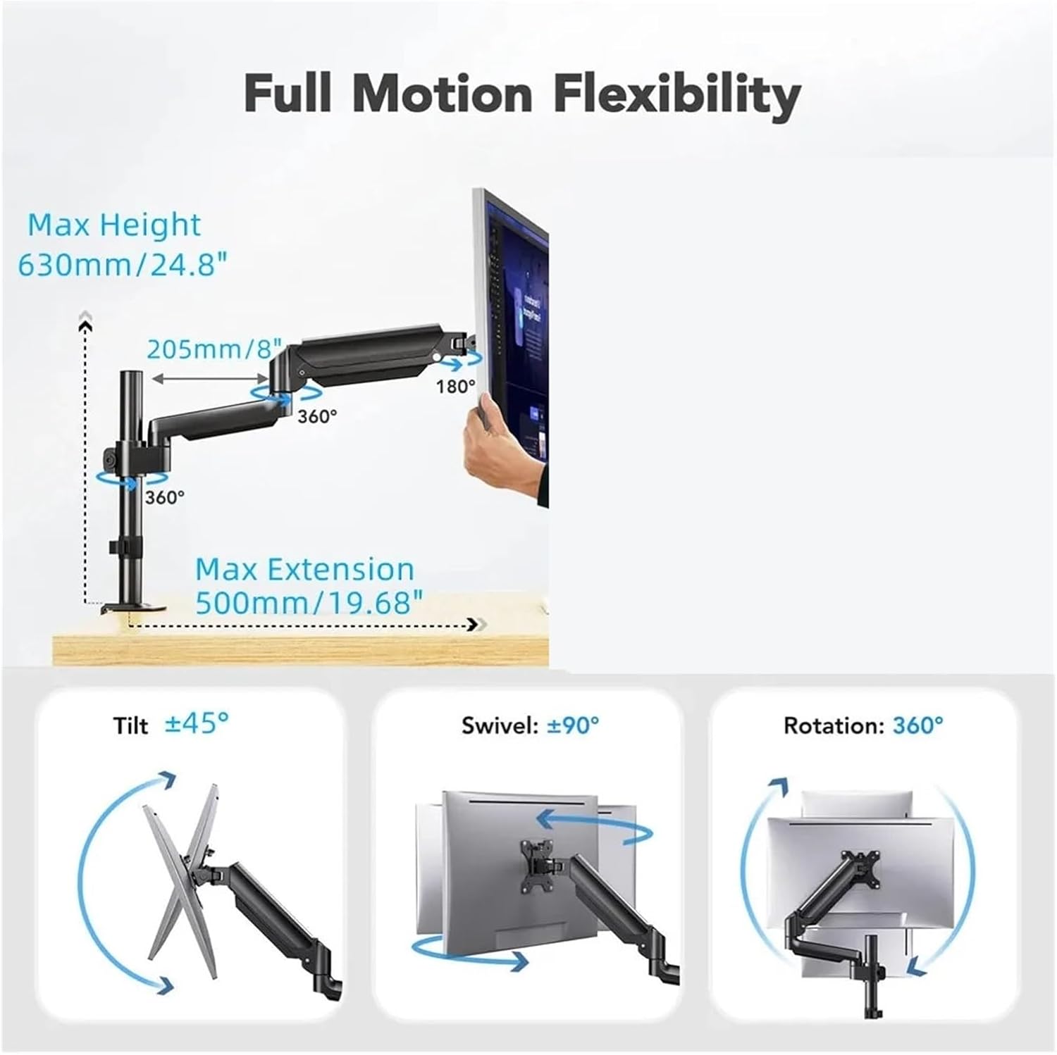 Single Monitor Stand, Suitable for 13-32 inch Full-Motion Gas Spring Monitor Extension arm, Adjustable Computer Desk Stand, 100 * 100 mm, 2-9 kg