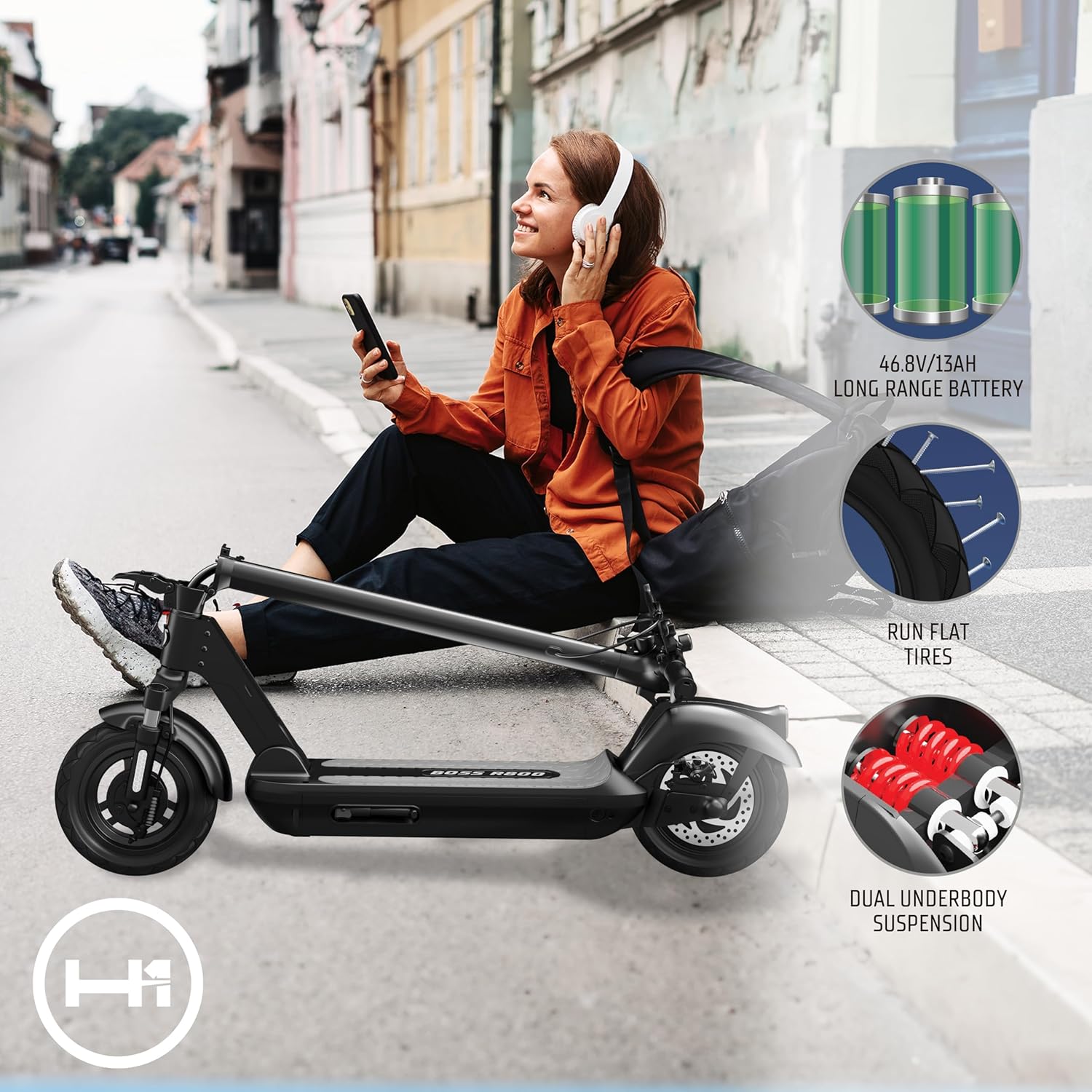 H-1 Pro Series Boss R800 Foldable Electric Scooter with 800W Motor, 24 mph Max Speed, 10” Self-Sealing Tubeless Tires, and 28 Mile Range