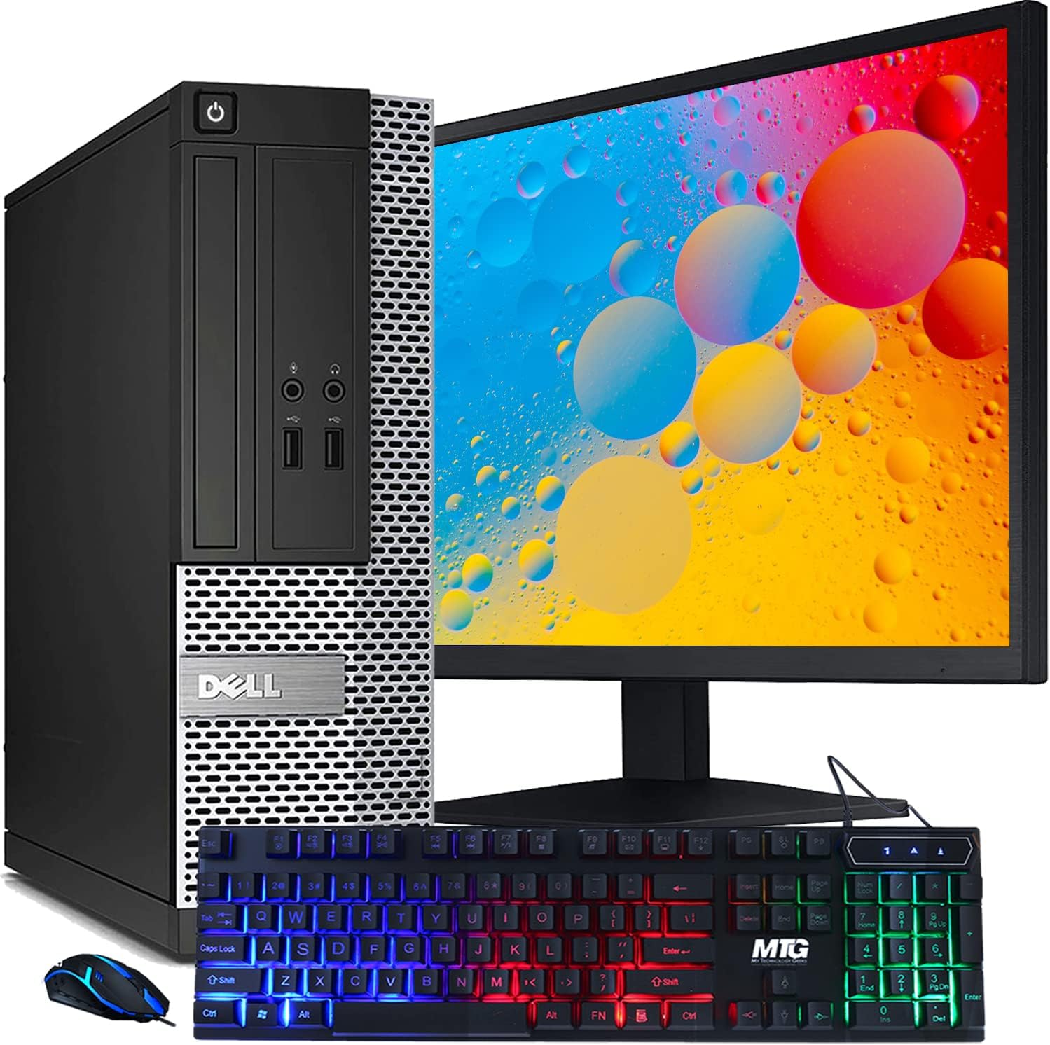 Dell Optiplex Tiny Mini Desktop PC, Core i5, 16GB RAM, 512GB SSD with Dual 27 inch Curved Monitor, AI Enabled RGB Keyboard Mouse, RGB Soundbar and Webcam Windows 11 (Renewed)