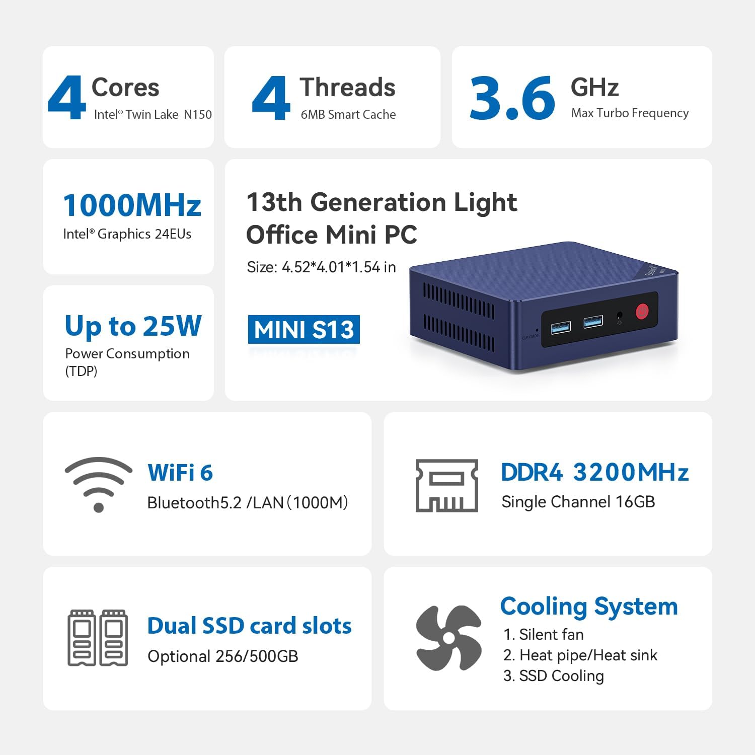 Beelink Mini S13 Mini PC, 13th Intel Twin Lake-N150 (Up to 3.6GHz), Mini Computer 16GB DDR4 RAM 512GB SATA3 SSD, Micro PC Support 4K Dual Display, WiFi6/BT5.2/USB3.2/HTPC/WOL Home/Office