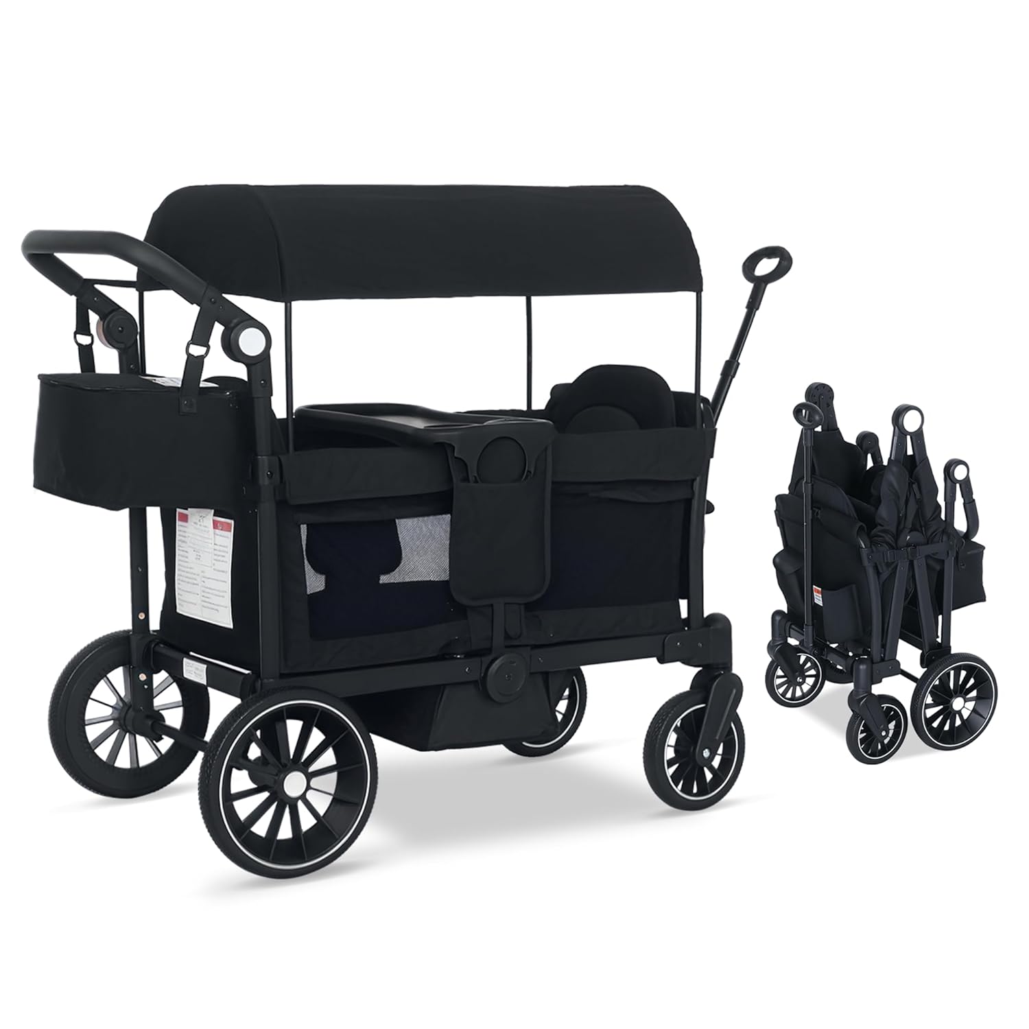 Stroller Wagon for 2 Kids, Push & Pull Kids Cart with Safety Harnesses, Foldable All-Terrain Stroller with Adjustable Handle, Removable Canopy, Snack Tray, Large Storage Bag, Black
