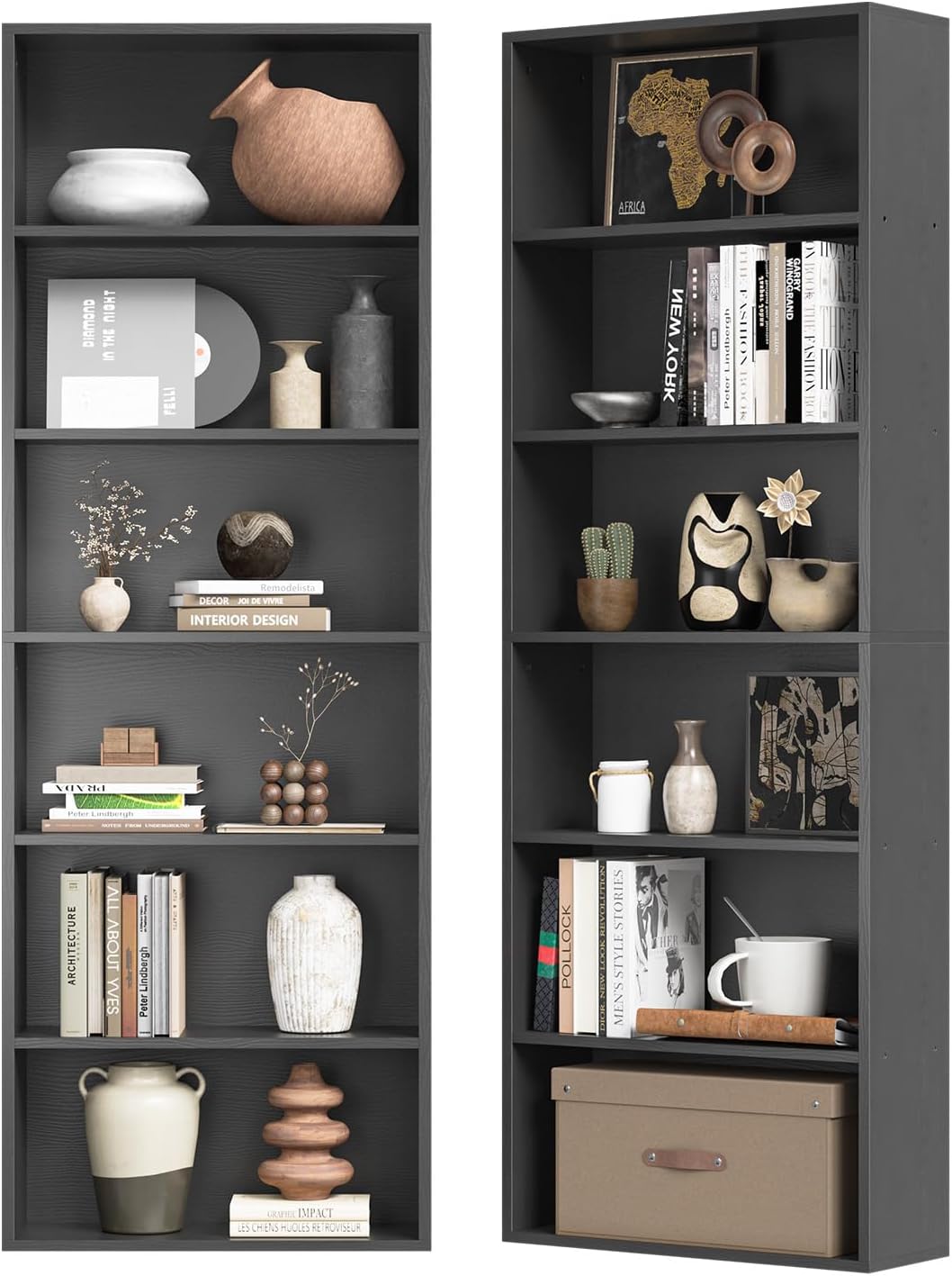 oneinmil Bookshelf 6-Tier Set of 2 Open Bookcase and Bookshelves Wooden Floor Standing Display Wide Storage Shelves Rack 71