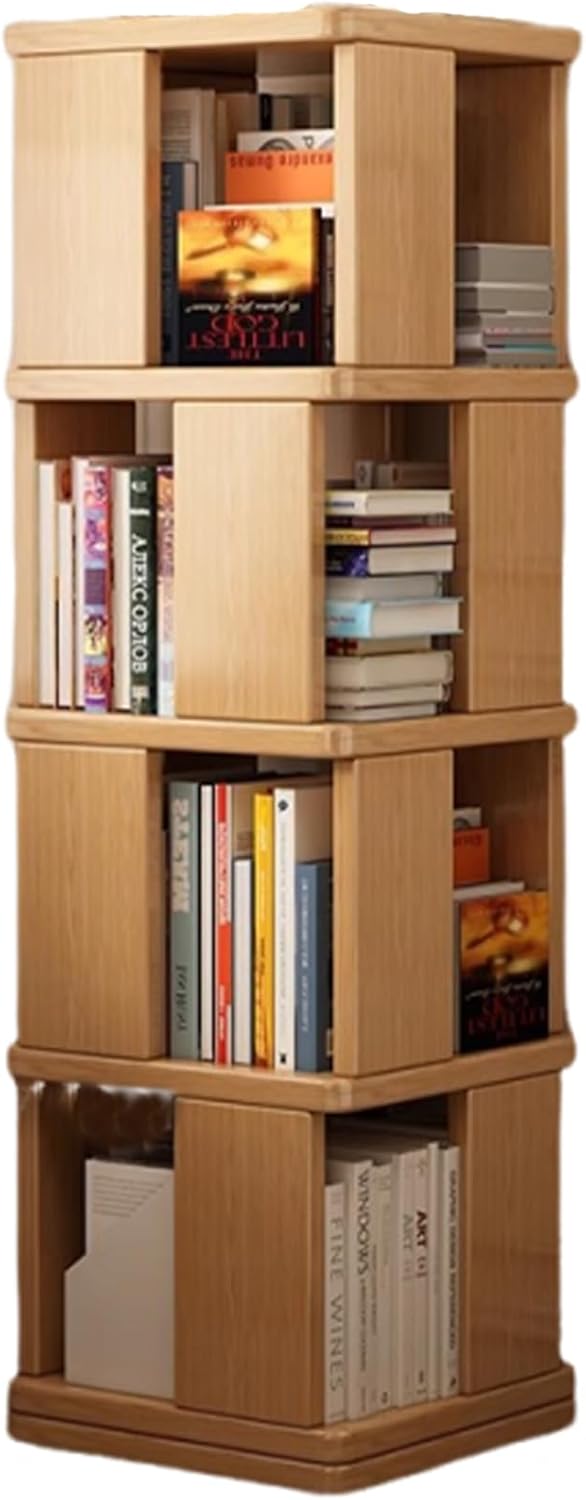 2/4-Tier solid wood rotating bookshelf, modern minimalist floor-standing square bookcase, can hold 300 books, suitable for living rooms, studies, bedrooms and small spaces. Wood 40*40*130cm