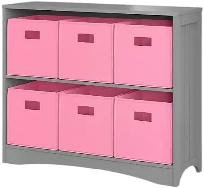 2-Tier Storage Bookcase with 6 Bins, Horizontal Organizer (Pink/Gray)